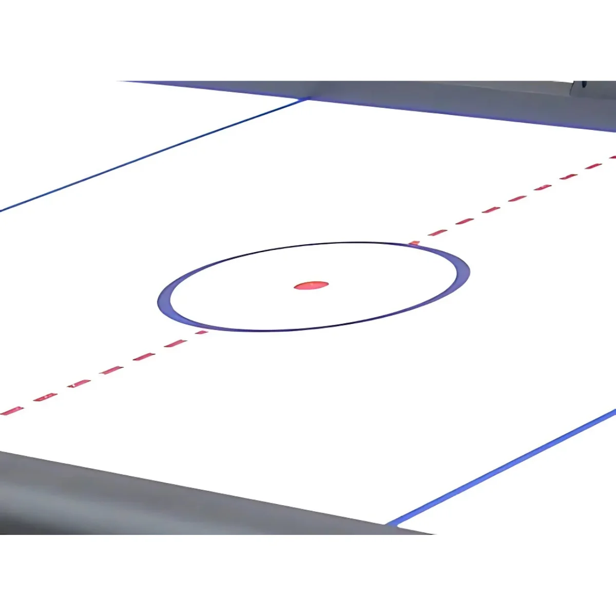 An ice hockey rink. The center circle and lines are visible. The surface is white. The lines are blue and red.
