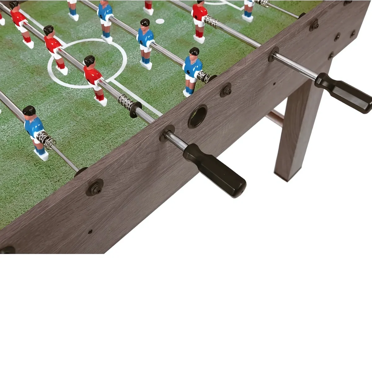 A foosball table is shown with red and blue players. The table has a green surface and wooden frame, with handles visible.