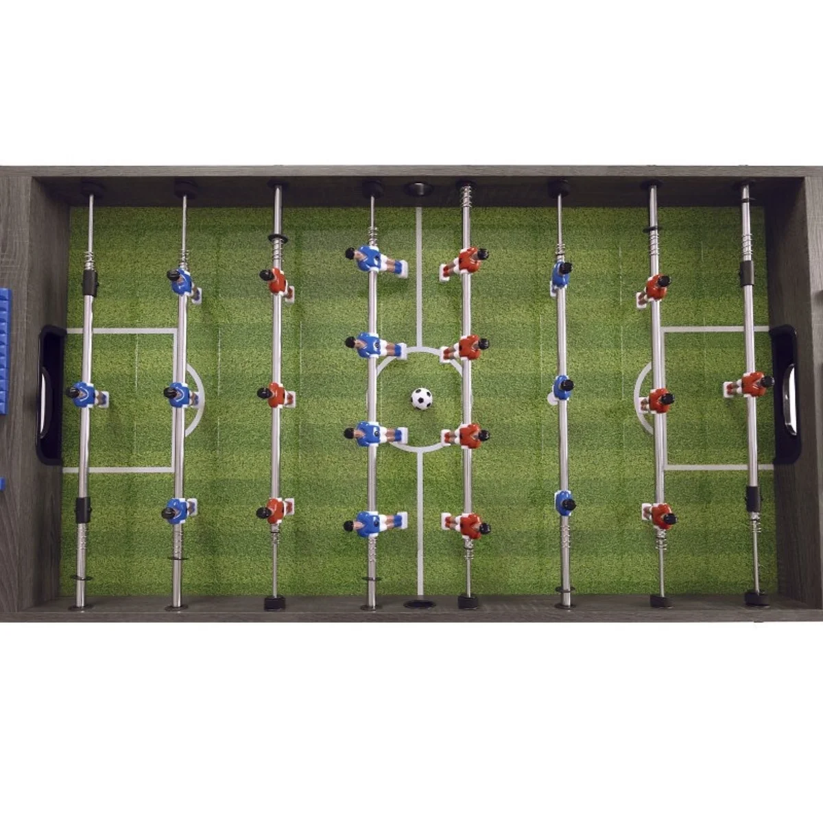 A foosball table with green field, white lines, and player figures in blue and red. A ball is in the center.