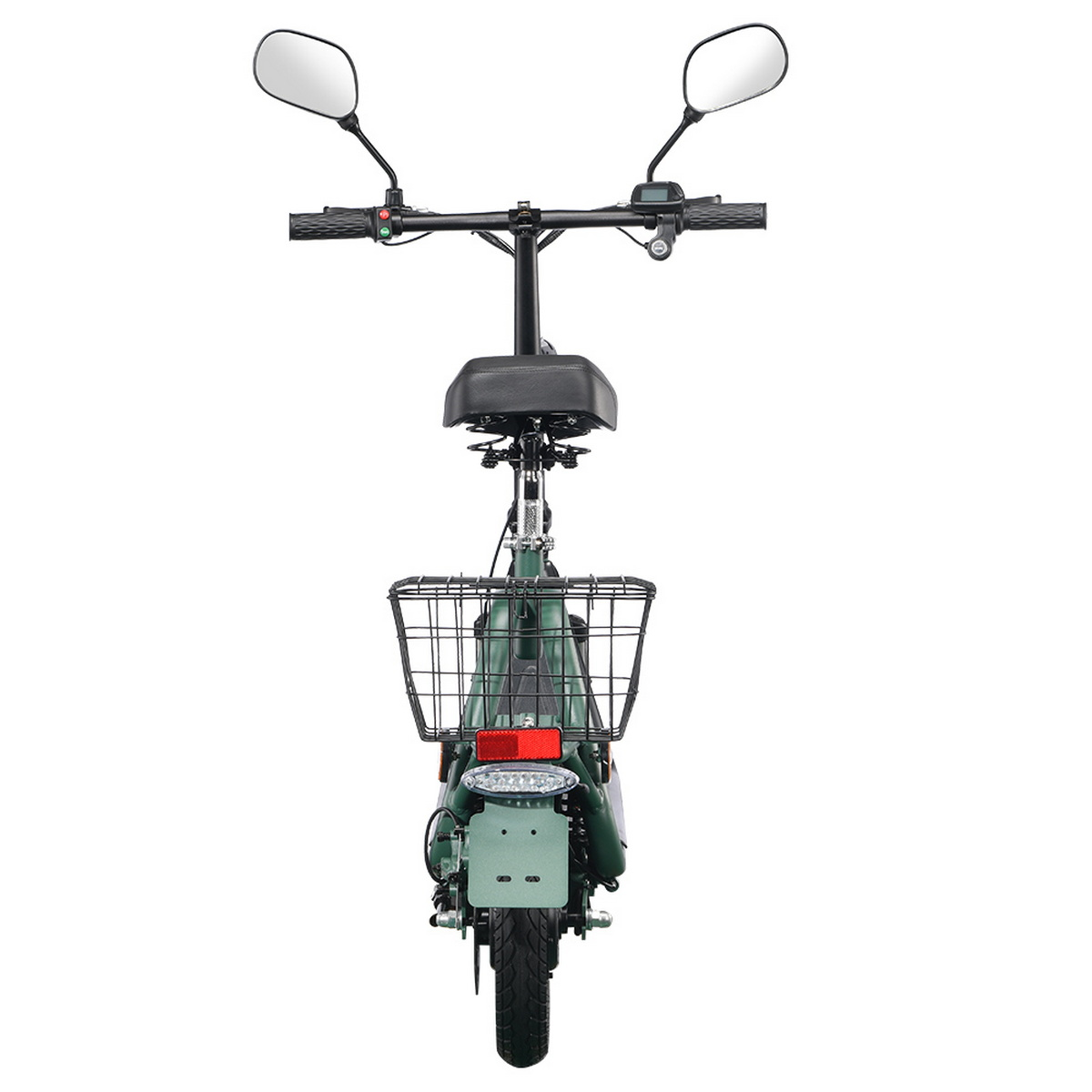 Widok z tyłu zielonego roweru elektrycznego. Cechy: lusterka, kierownica, kosz, siedzenie i tylne światła, na białym tle.