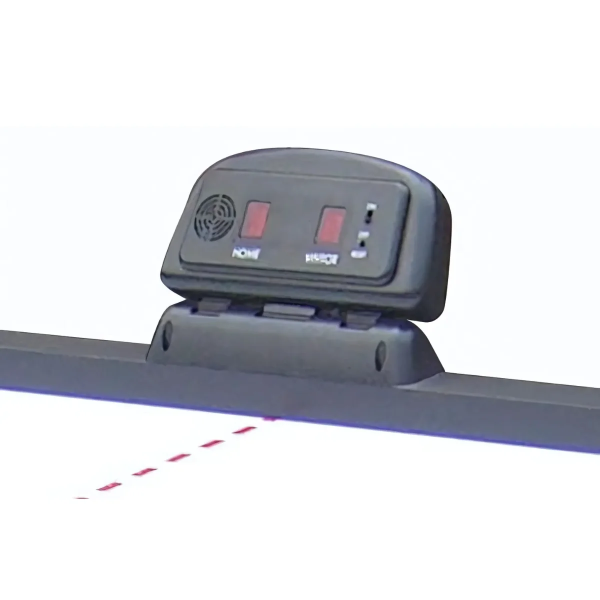 A black scoreboard with red digital displays for home and visitor scores. A speaker and buttons are visible. A white background.