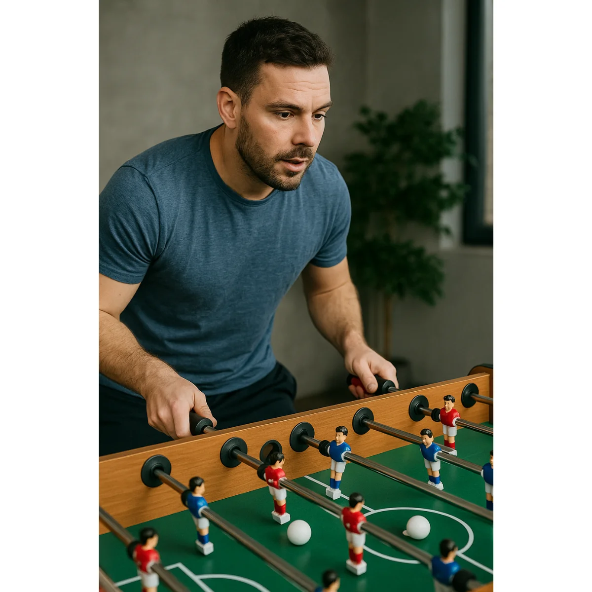 A man in a blue shirt plays foosball. The table is green with small players in red and blue. Two white balls are on the table.