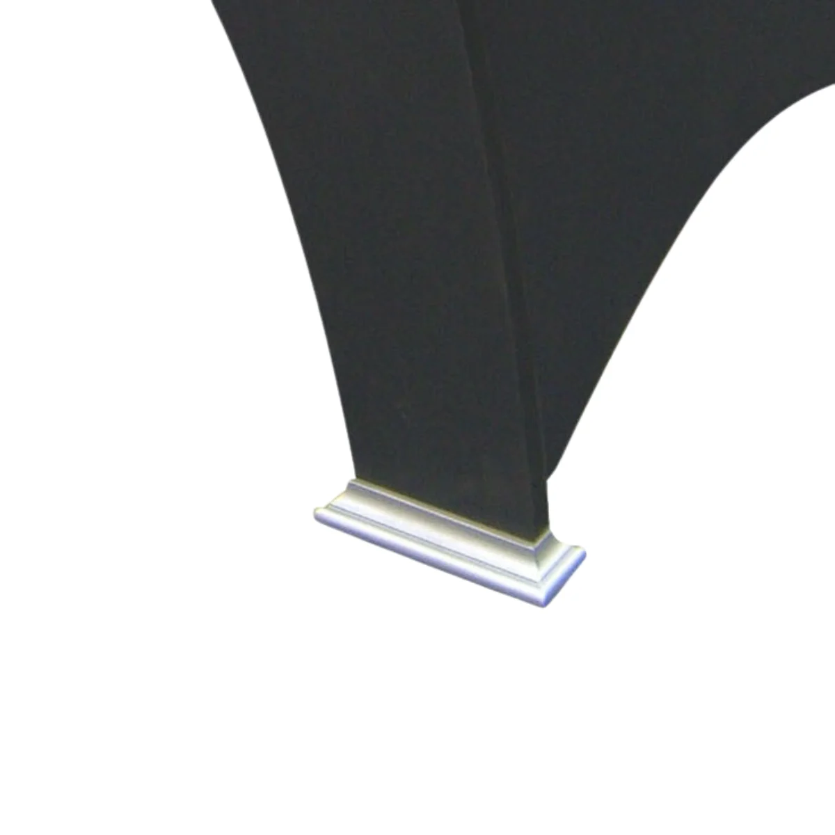 A black, curved structure with a silver base is shown against a white background. The base has a silver trim.