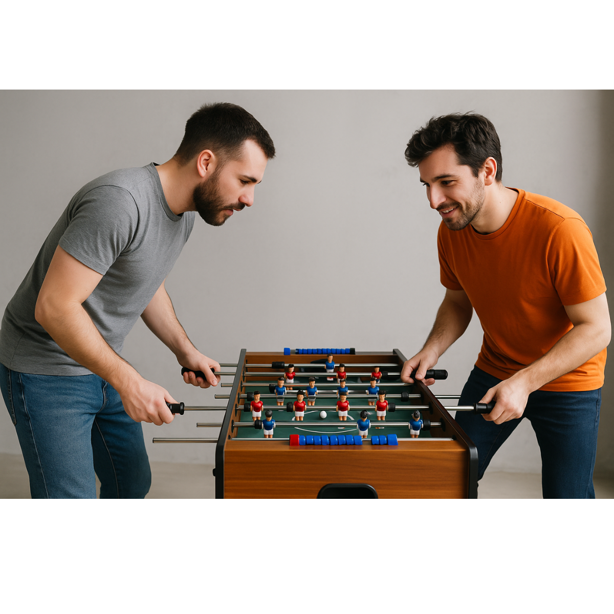 Two men play foosball. One wears gray, the other orange. The table is brown with green field, and red/blue players.
