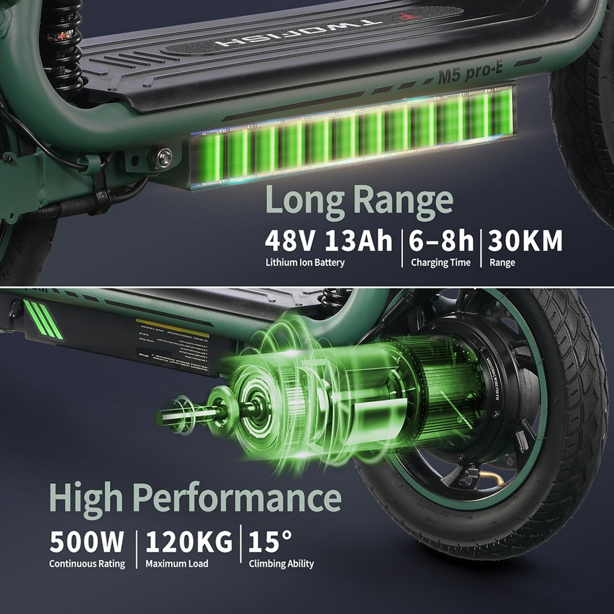 Hulajnoga elektryczna ze specyfikacjami: bateria 48V 13Ah, czas ładowania 6-8h, zasięg 30KM, 500W, maks. obciążenie 120KG i zdolność wznoszenia 15°.