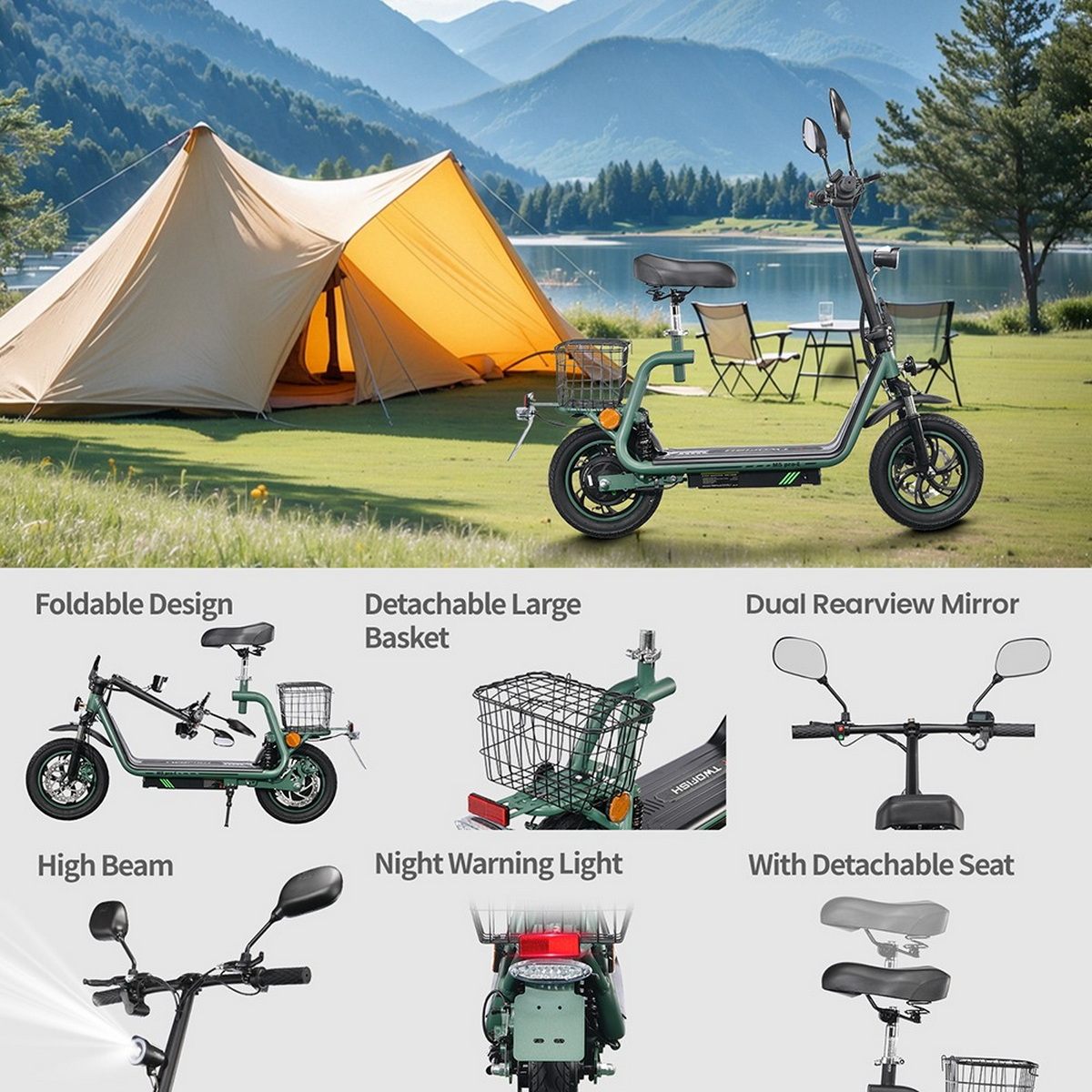 Skuter elektryczny na trawie obok namiotu i jeziora. Pokazane cechy: składana konstrukcja, kosz, lusterka, światła drogowe, światła i odpinane siedzenie.