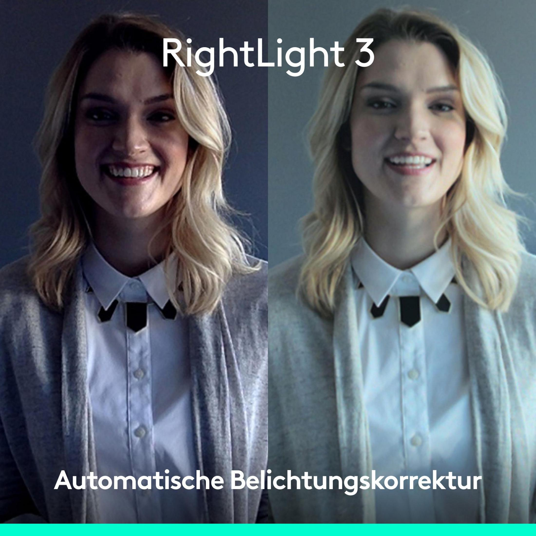 Kobieta z blond włosami w dwóch warunkach oświetleniowych. Tekst brzmi 'RightLight 3' i 'Automatyczna korekcja ekspozycji'.