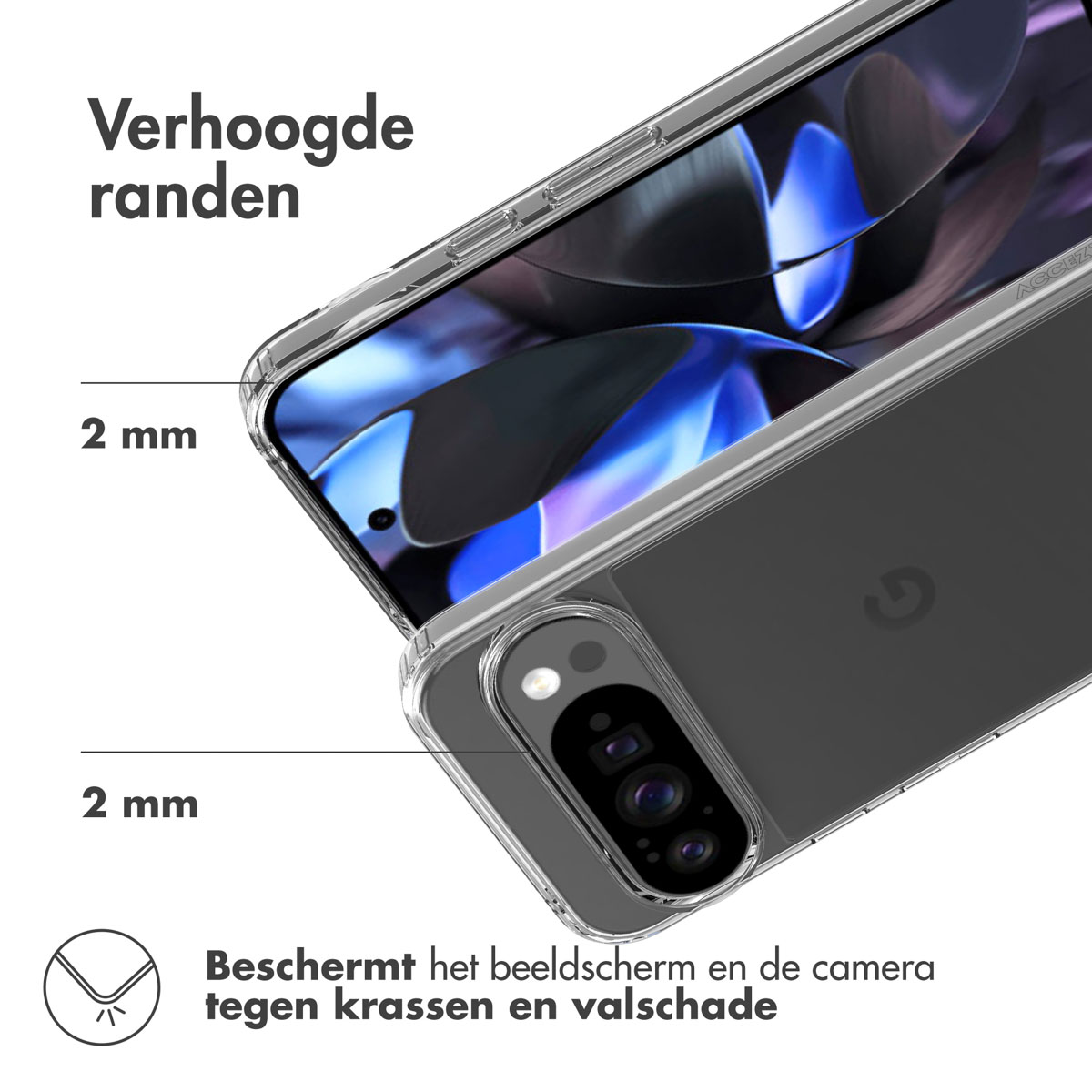 Transparante telefoonhoes die het scherm en de camera beschermt. Toont verhoogde randen en bescherming tegen krassen en schade.