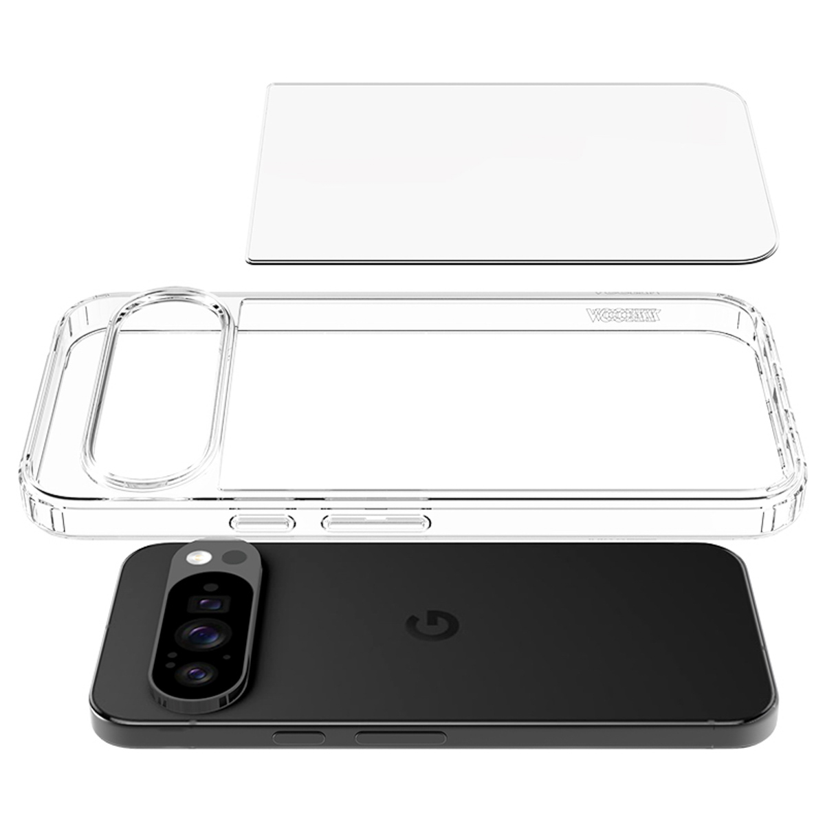 Een zwarte smartphone met camera staat onder een doorzichtige telefoonhoes en een schermbeschermer. Alles op een witte achtergrond.