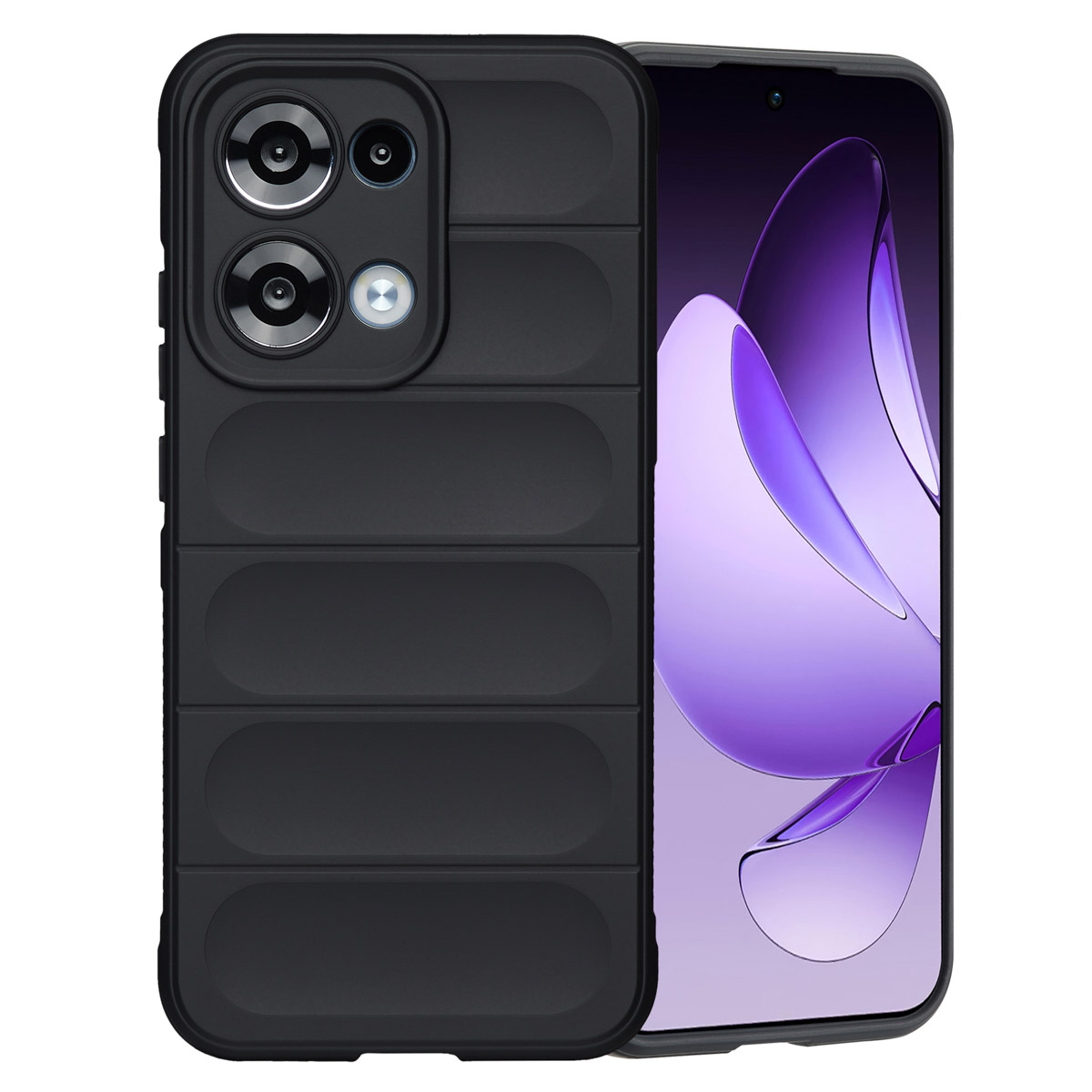 Una custodia nera per telefono con un rilievo per la fotocamera e uno schermo del telefono che mostra un design viola astratto.