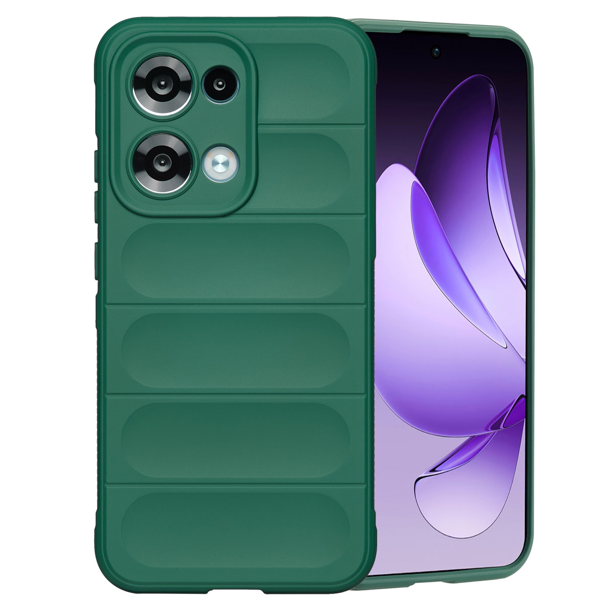 Una custodia verde per telefono con modulo fotocamera e schermo del telefono con sfondo viola.