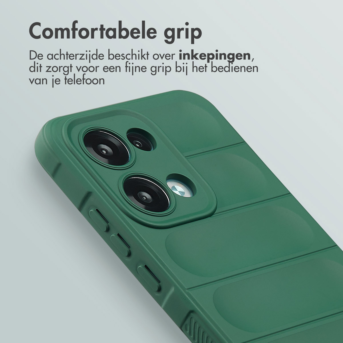 Custodia verde per telefono con lenti della fotocamera. Ha una superficie strutturata per l'aderenza. Testo in olandese: Impugnatura confortevole.