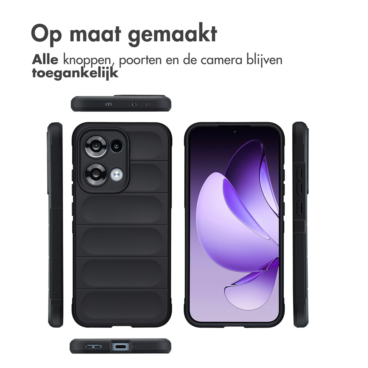 Custodia nera con telefono dentro, e diverse viste della stessa custodia. Testo: 'Op maat gemaakt'.