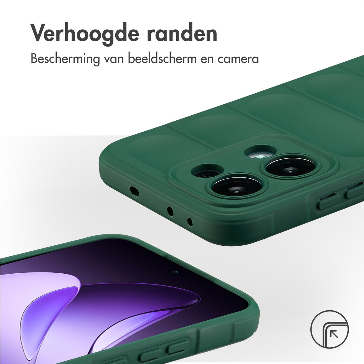 Primo piano di una custodia verde per telefono. Il testo dice 'bordi rialzati, protezione schermo e fotocamera'. Un telefono sotto.