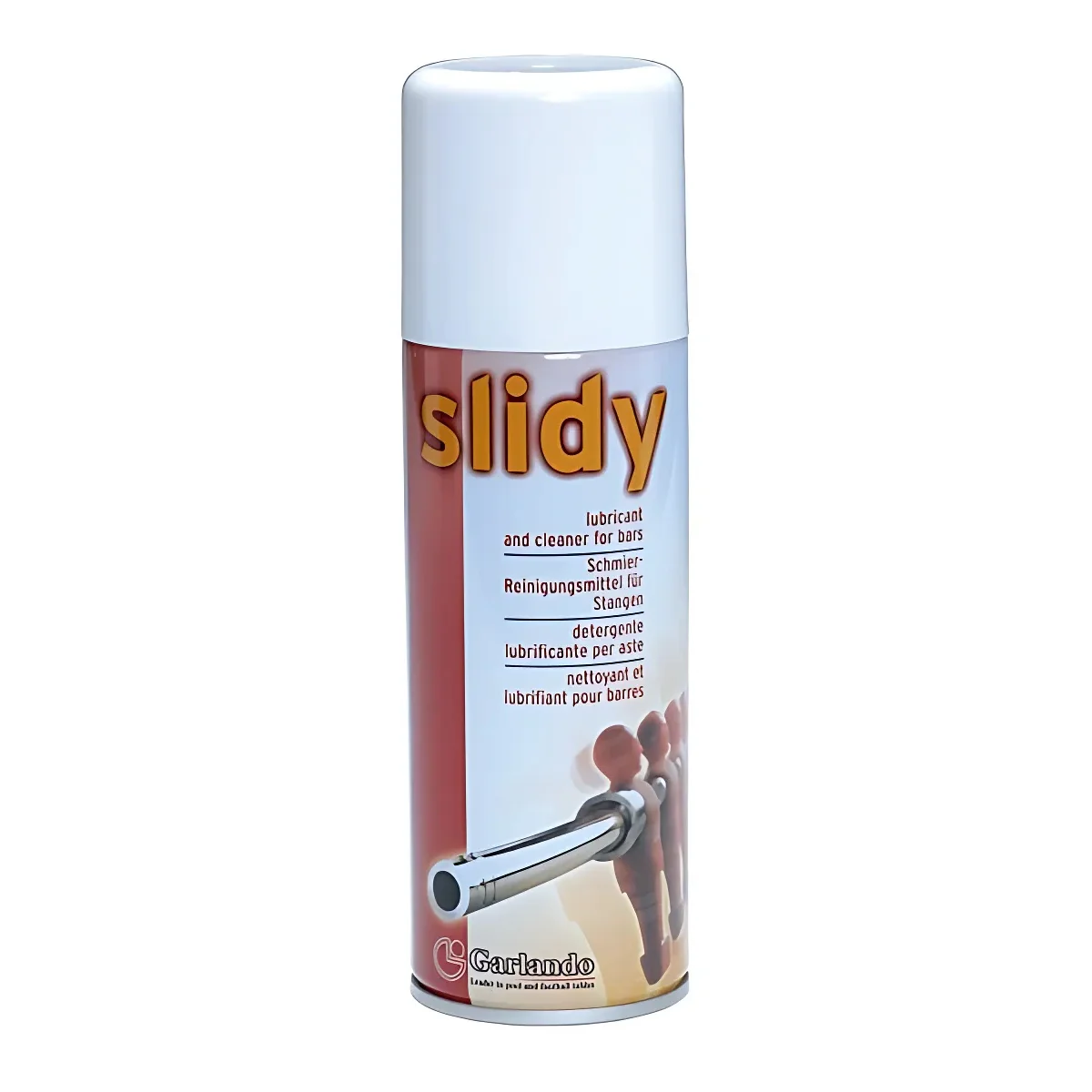 A can of 'slidy' lubricant and cleaner for bars, with text in multiple languages. Features a white cap and a red and white body.