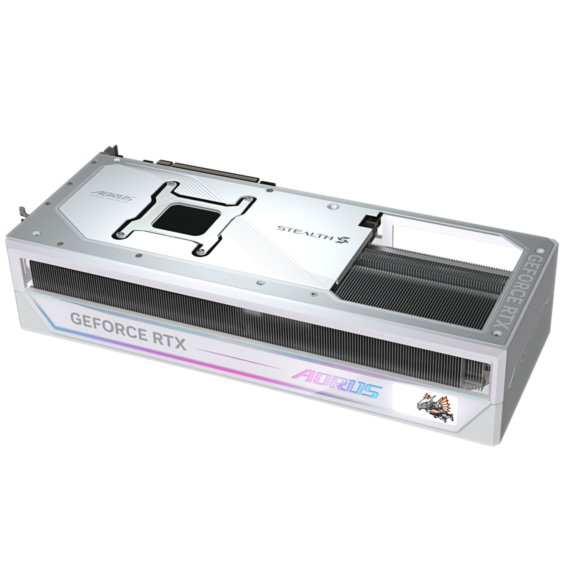 Biała i srebrna karta graficzna z marką 'GEFORCE RTX' i 'AORUS', z radiatorem i wentylatorem.