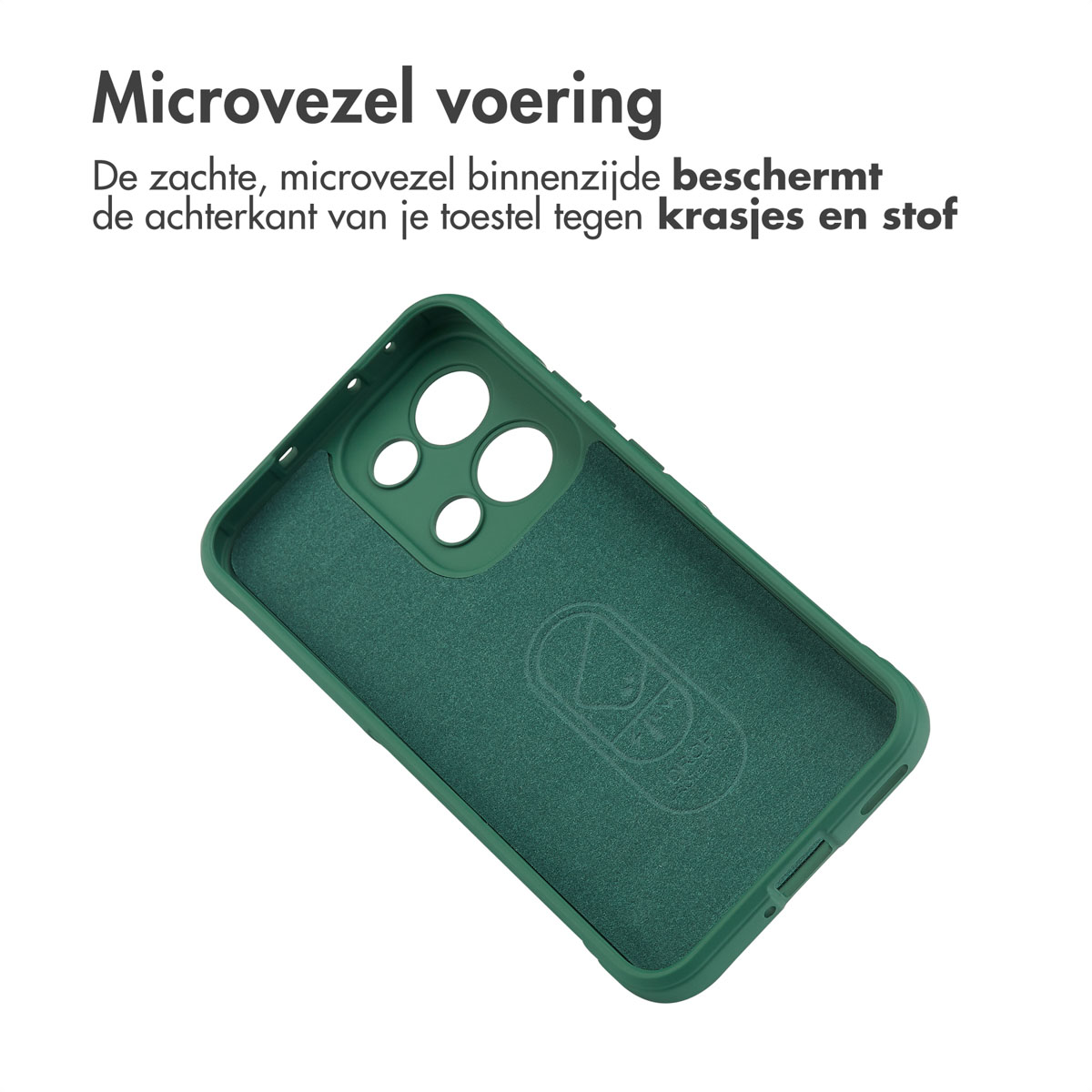 Vista interna di una custodia verde per telefono, che mostra la morbida fodera in microfibra. Il testo sopra dice: 'Microvezel voering'.