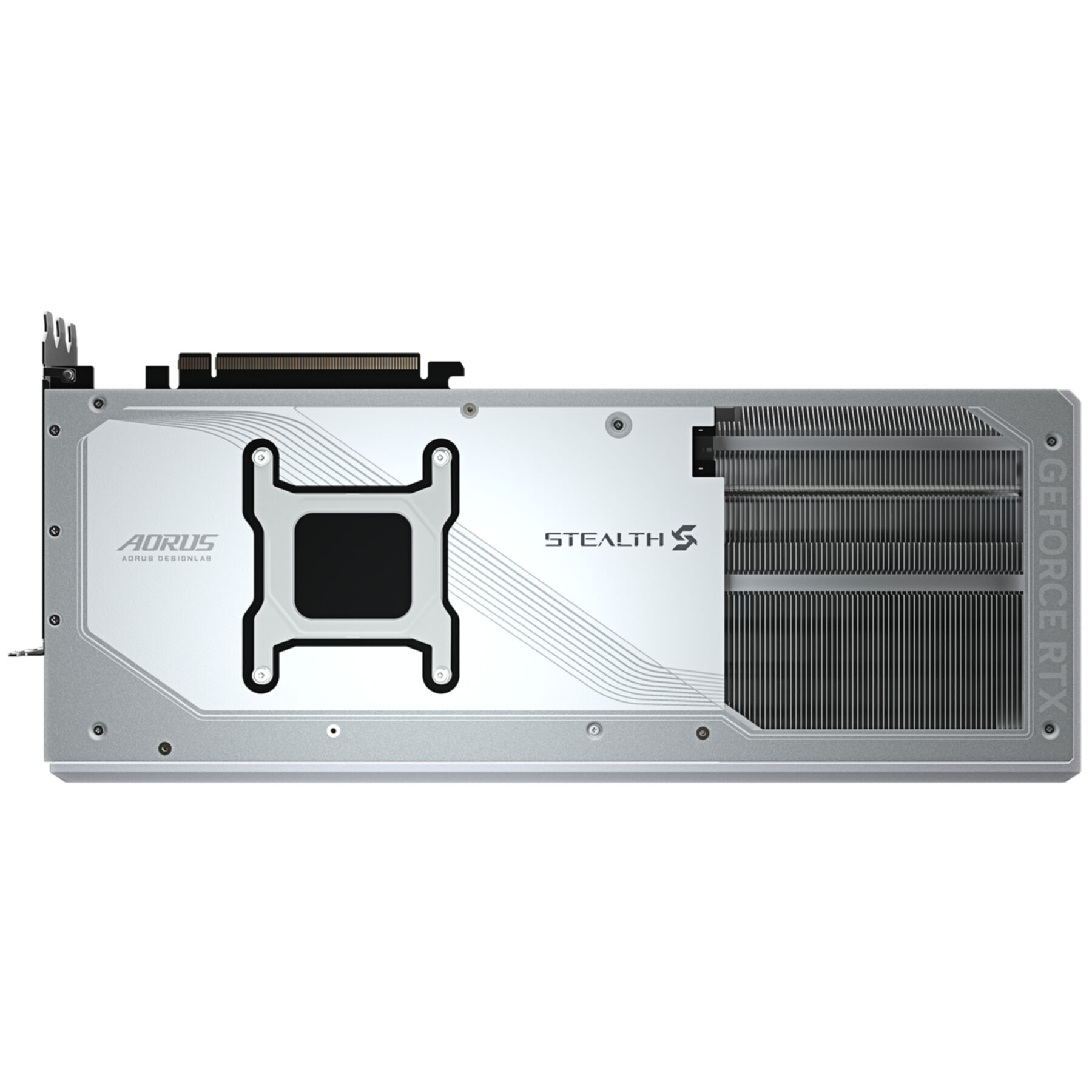 Srebrno-czarna płyta tylna karty graficznej. Ma logo AORUS, centralny kwadrat i radiator po prawej stronie.