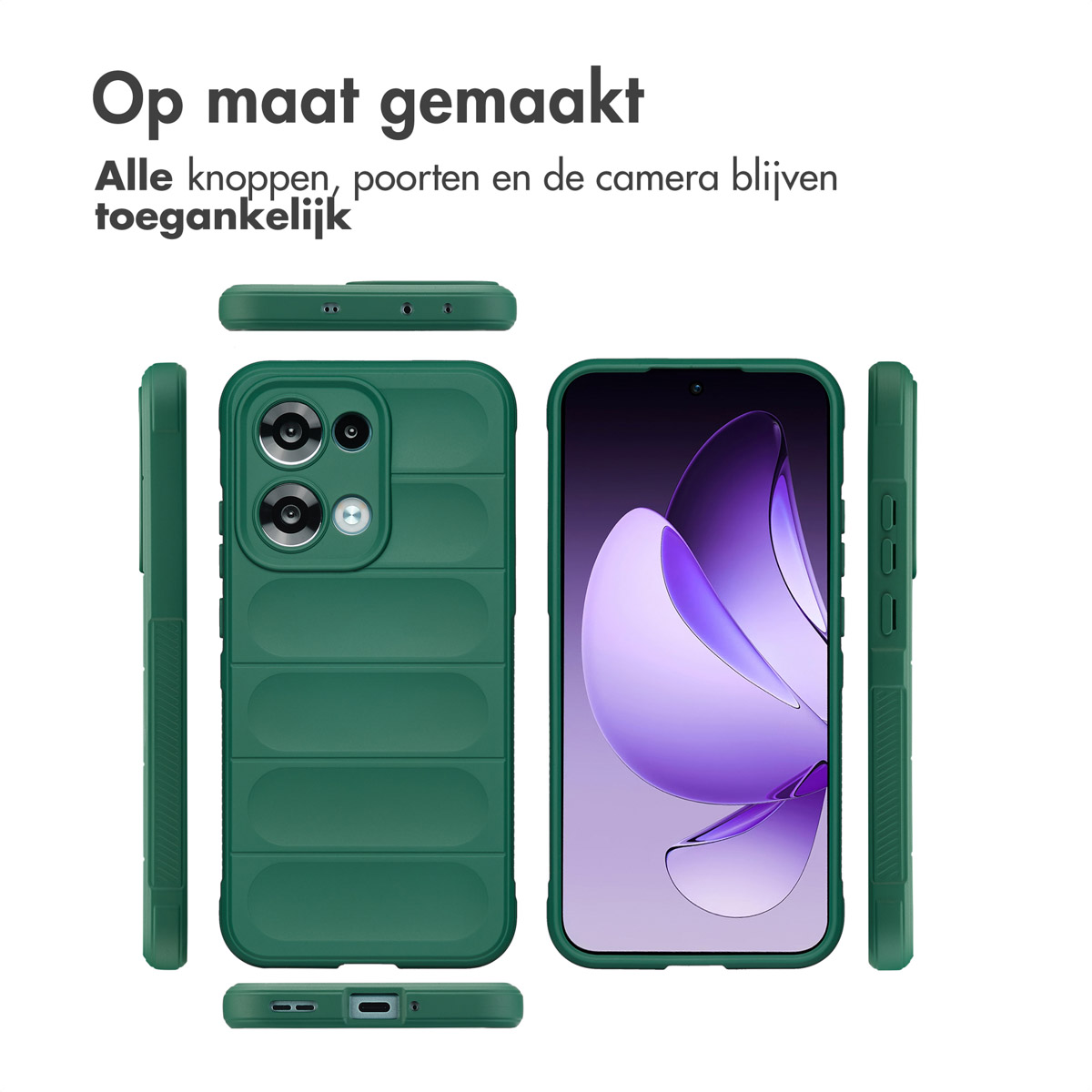 Una custodia verde per telefono con un telefono all'interno, mostrata da diverse angolazioni. Il testo sopra dice 'Op maat gemaakt'.