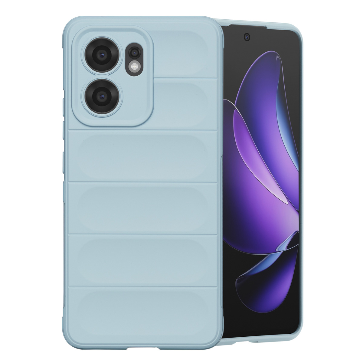 Une coque de téléphone bleu clair avec un téléphone à l'intérieur. L'étui a un design rembourré et deux lentilles de caméra. L'écran affiche une image violette.