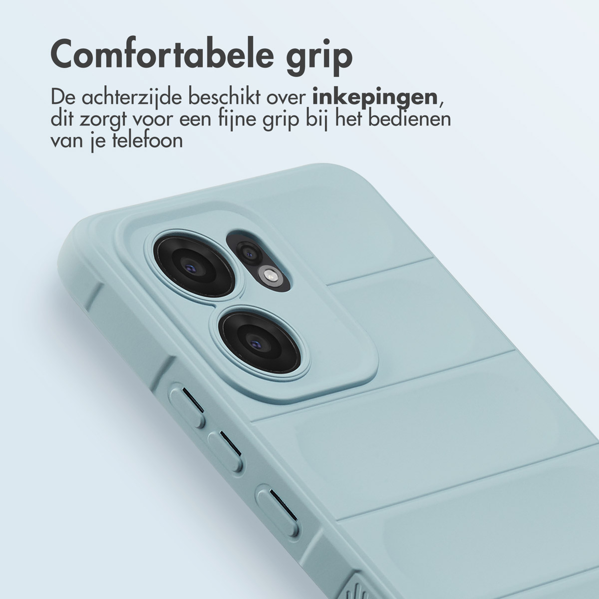 Gros plan sur une coque de téléphone bleu clair. Elle a des objectifs d'appareil photo et des boutons latéraux. Le fond est un dégradé bleu clair.
