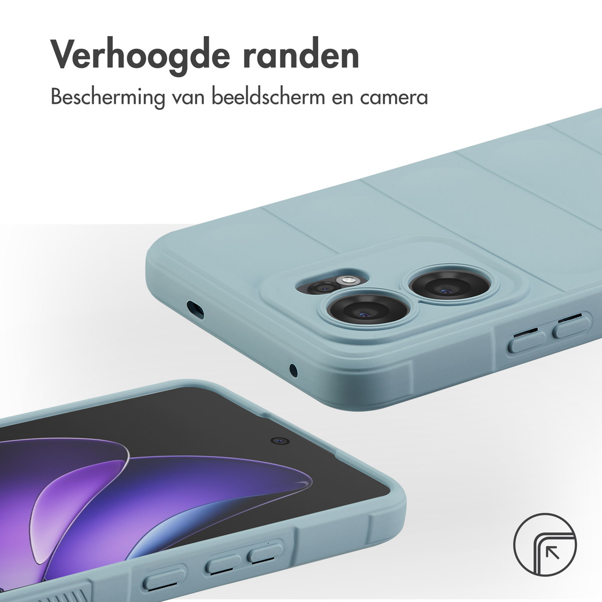 Deux coques de téléphone bleu clair. L'une a un téléphone à l'intérieur montrant un motif violet. L'autre est au-dessus.