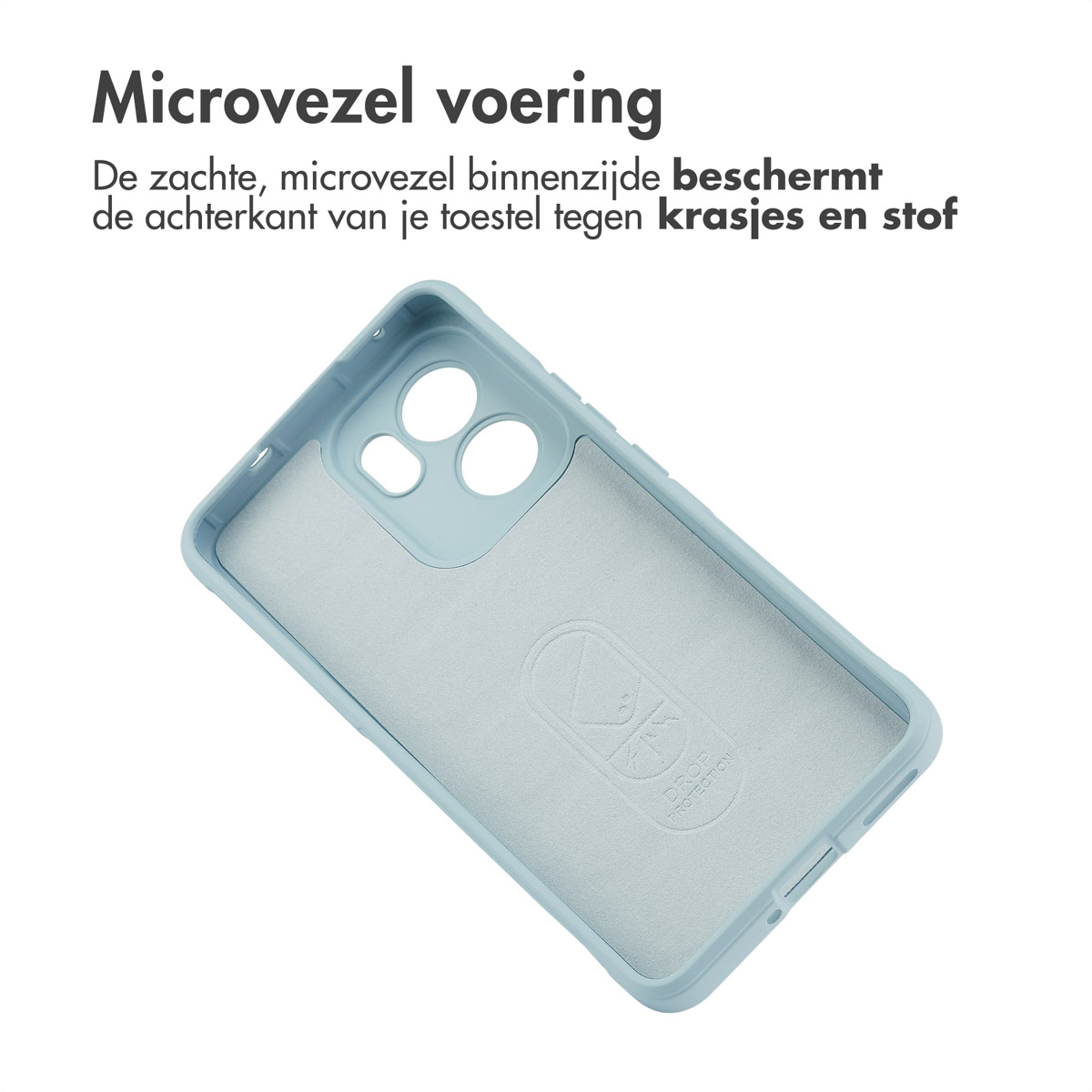 Intérieur d'étui de téléphone bleu clair avec doublure grise douce. Le texte indique qu'il protège des rayures et de la poussière.