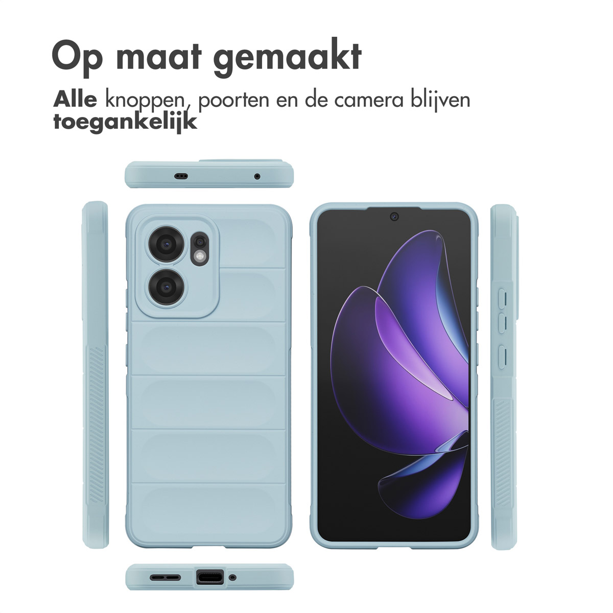 Un étui de téléphone bleu avec un téléphone à l'intérieur. L'étui a un design matelassé. Divers angles de l'étui sont présentés.