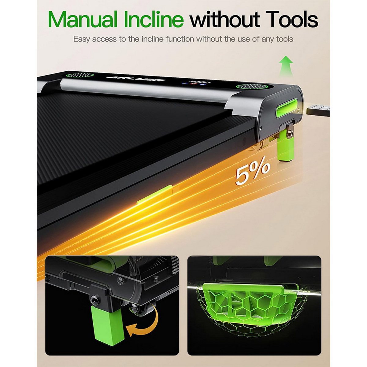Bieżnia z funkcją manualnego pochylenia. Zielone akcenty podkreślają mechanizm pochylenia. Wskaźnik procentowy pokazuje 5%.