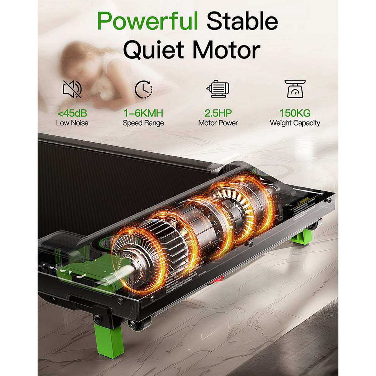 Bieżnia z widokiem na silnik. Tekst wskazuje na niski poziom hałasu, zakres prędkości, moc silnika i udźwig.