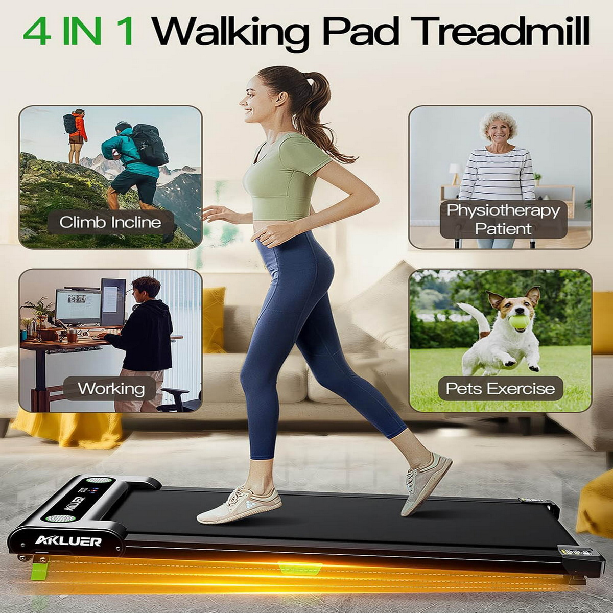 Kobieta biega na bieżni. Wstawki pokazują różne zastosowania: wędrówki, praca, fizjoterapia i ćwiczenia dla zwierząt.