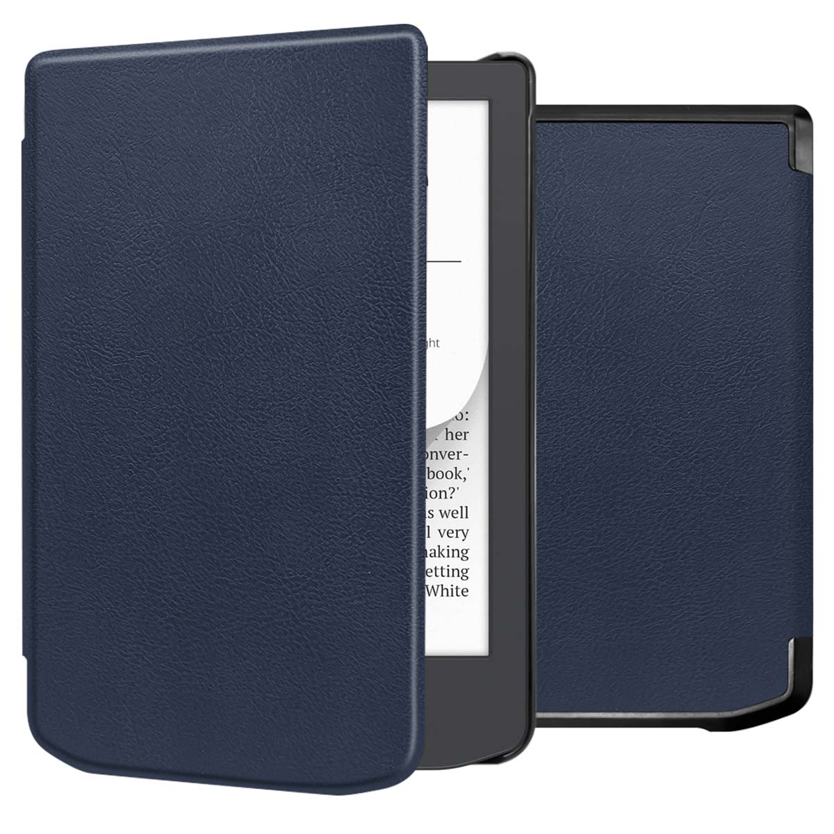 Een e-reader in een donkerblauwe hoes is gedeeltelijk open, met tekst. De hoes en de achterkant zijn zichtbaar.
