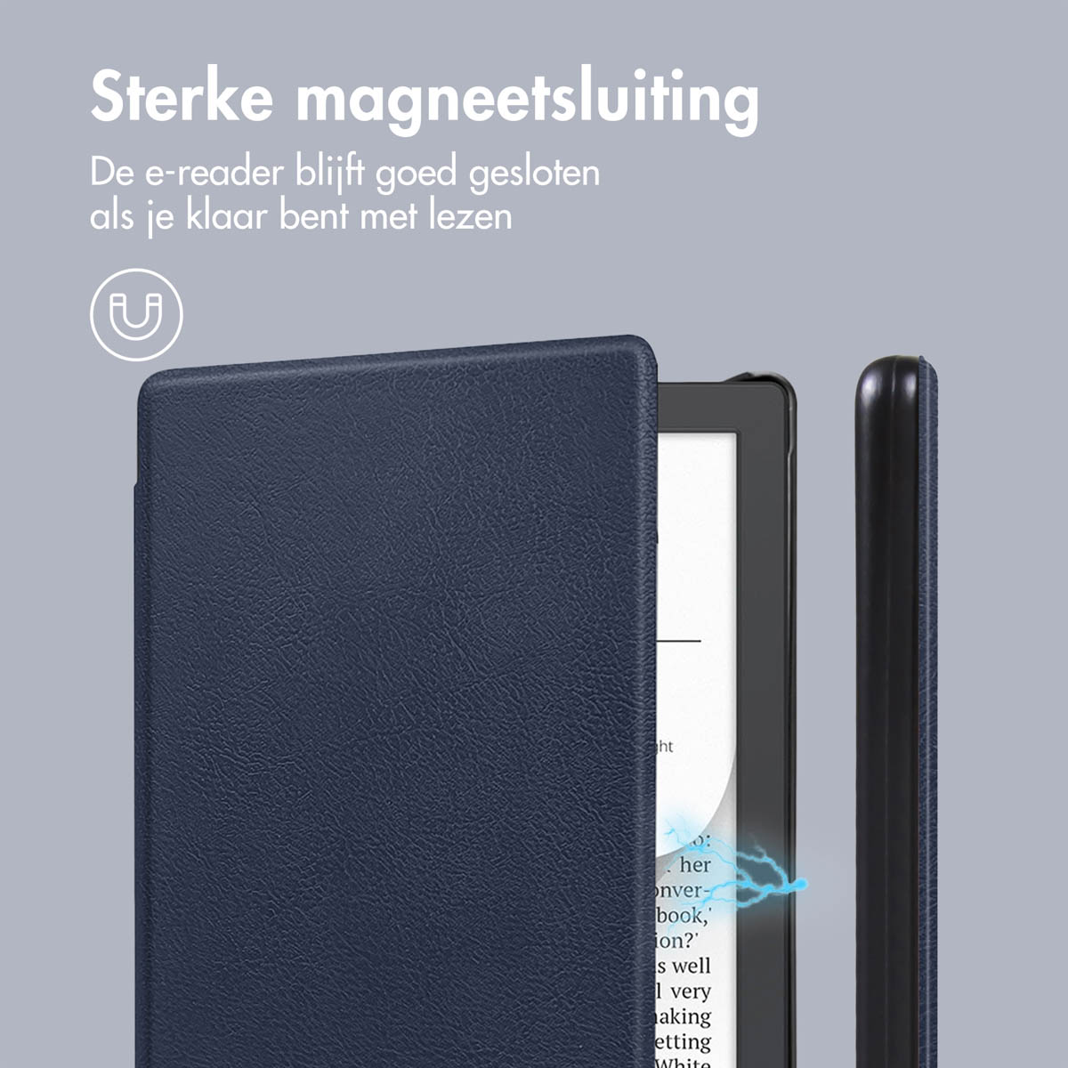 Een blauwe e-reader hoes wordt getoond, gedeeltelijk open. De Nederlandse tekst luidt 'Sterke magnetische sluiting'.