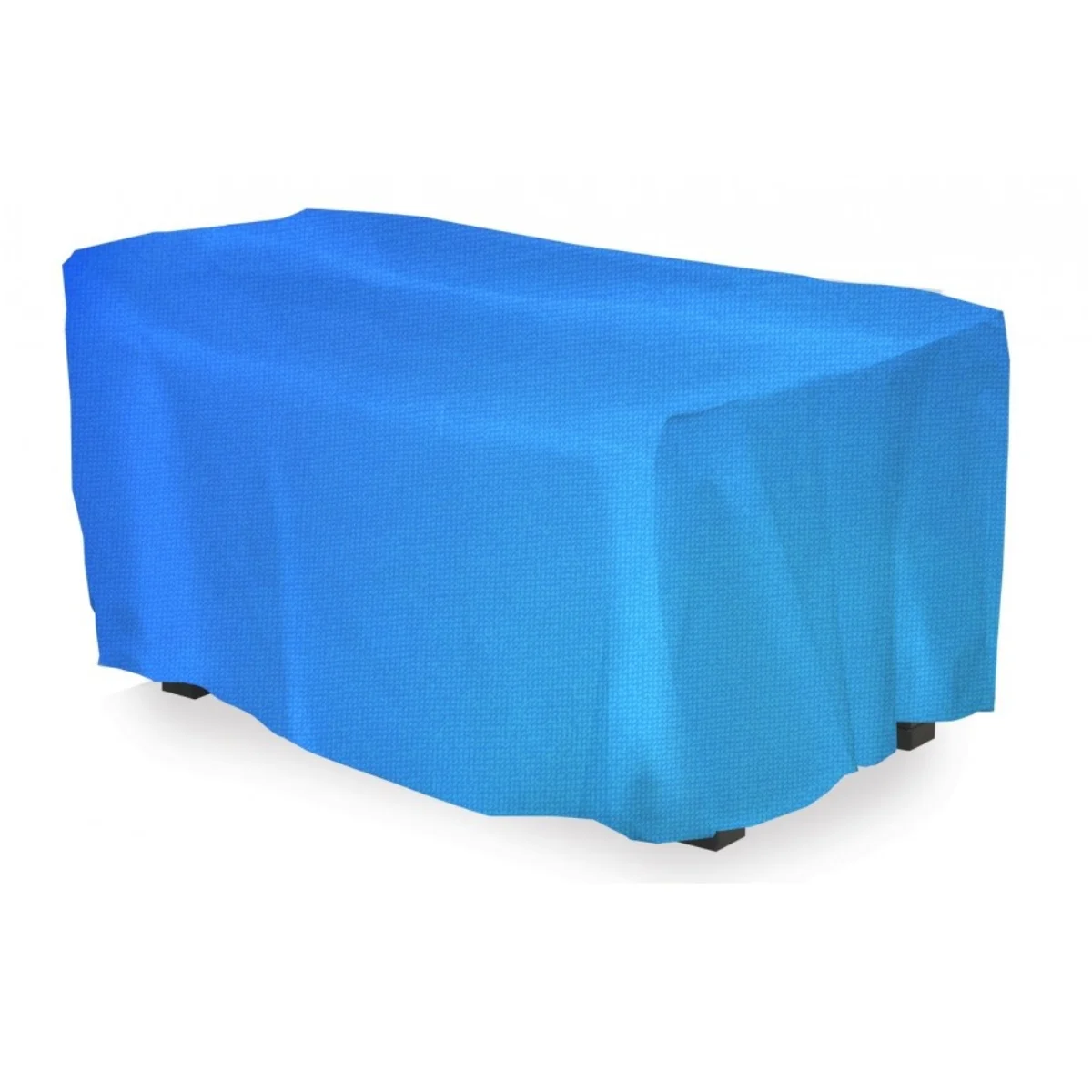 Een blauwe hoes over een rechthoekig object, mogelijk een tafel of bank, op een witte achtergrond.