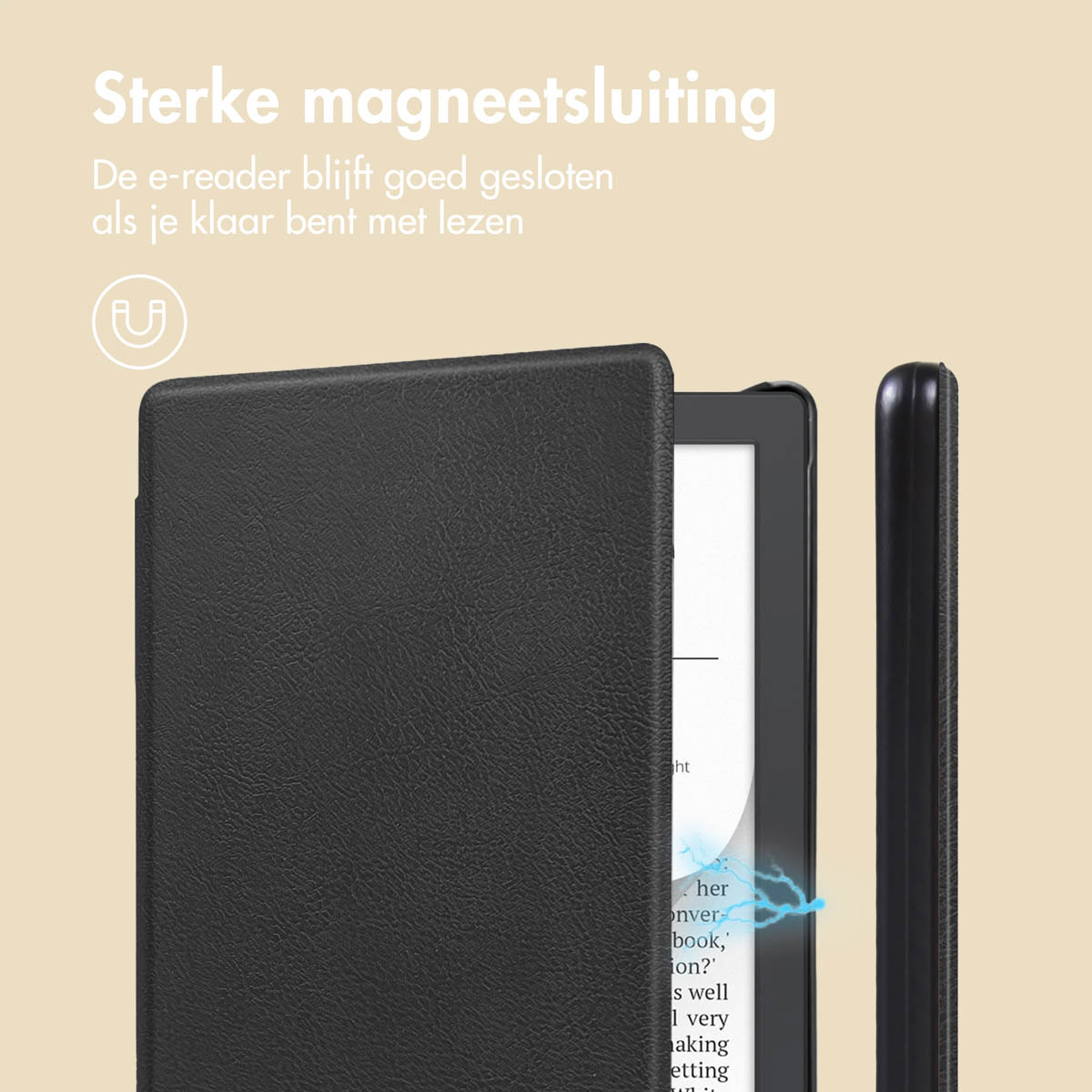 Een zwarte e-reader hoes en een zwarte e-reader worden getoond. Tekst geeft een sterke magnetische sluiting aan. Een blauwe lijn geeft magnetische aantrekkingskracht aan.