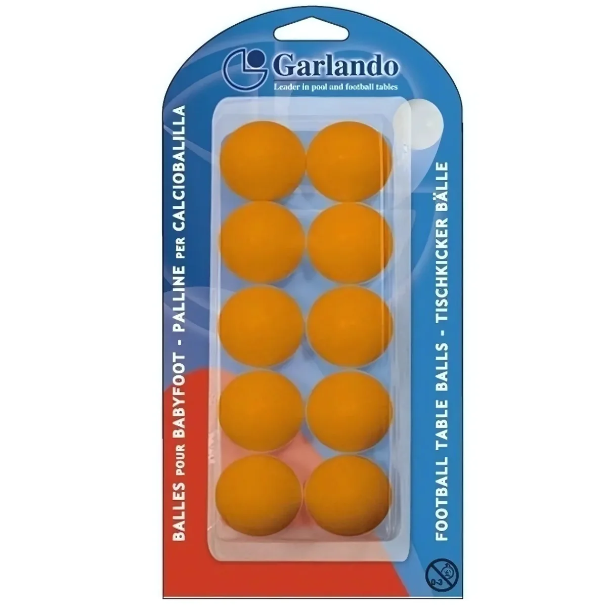Un paquet de huit balles de baby-foot oranges. Le paquet comprend le logo de la marque Garlando et du texte en plusieurs langues.