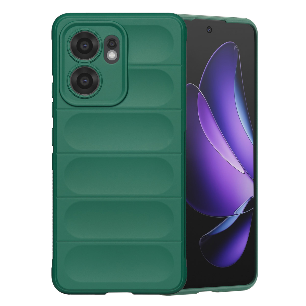 Une coque de téléphone verte et un smartphone. La coque est à gauche, avec des découpes pour l'appareil photo et un design texturé. L'écran du téléphone est visible.