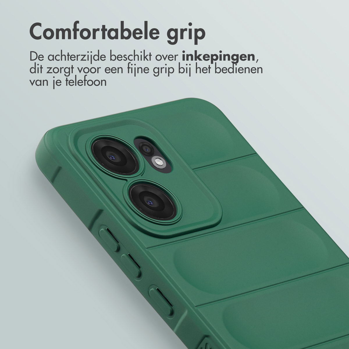 Coque de téléphone verte avec objectifs et boutons sur fond clair. Le texte dit 'Prise en main confortable'.