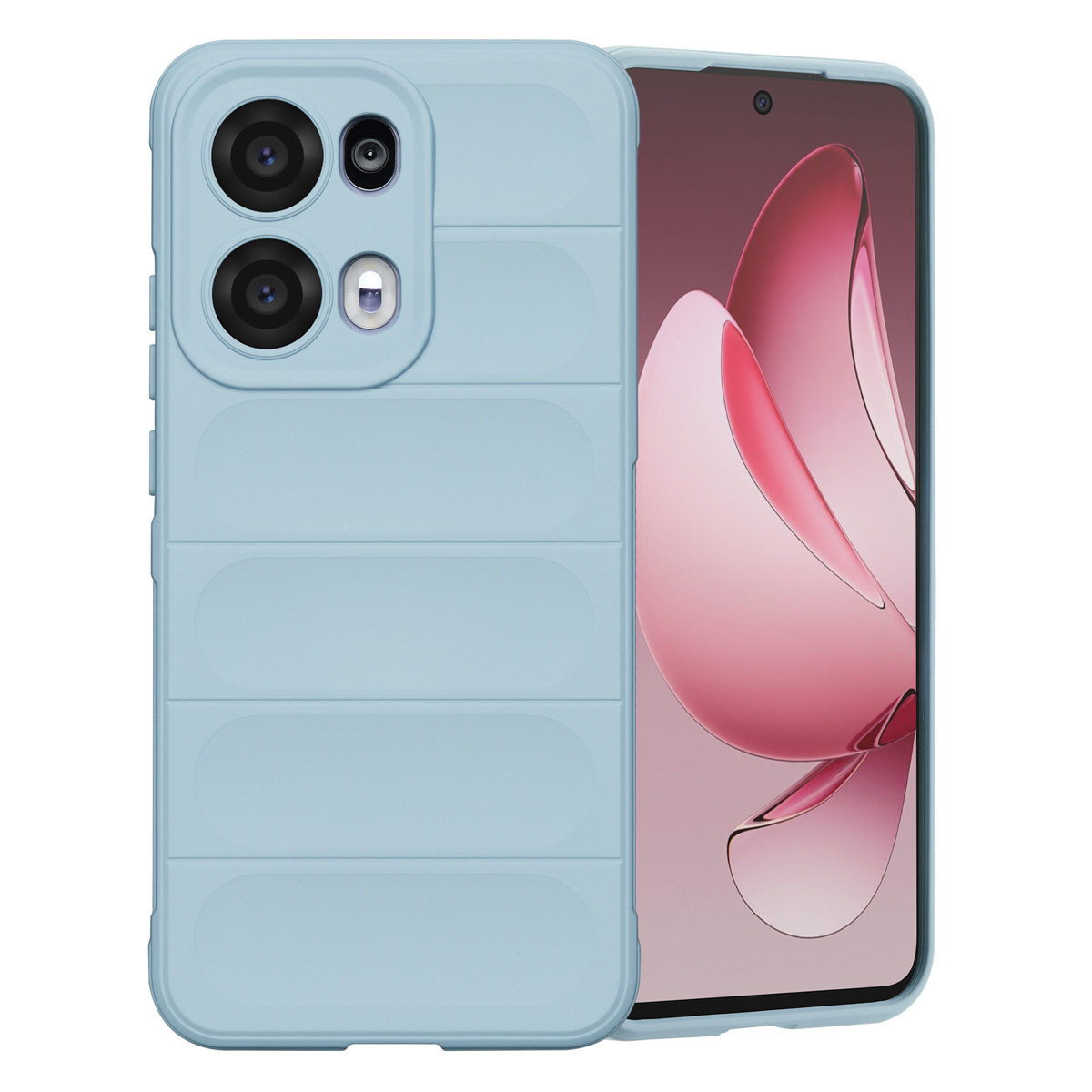 Une coque de téléphone bleu clair avec un dos texturé. L'écran affiche un motif rose abstrait. La coque a des découpes pour l'appareil photo et les boutons.