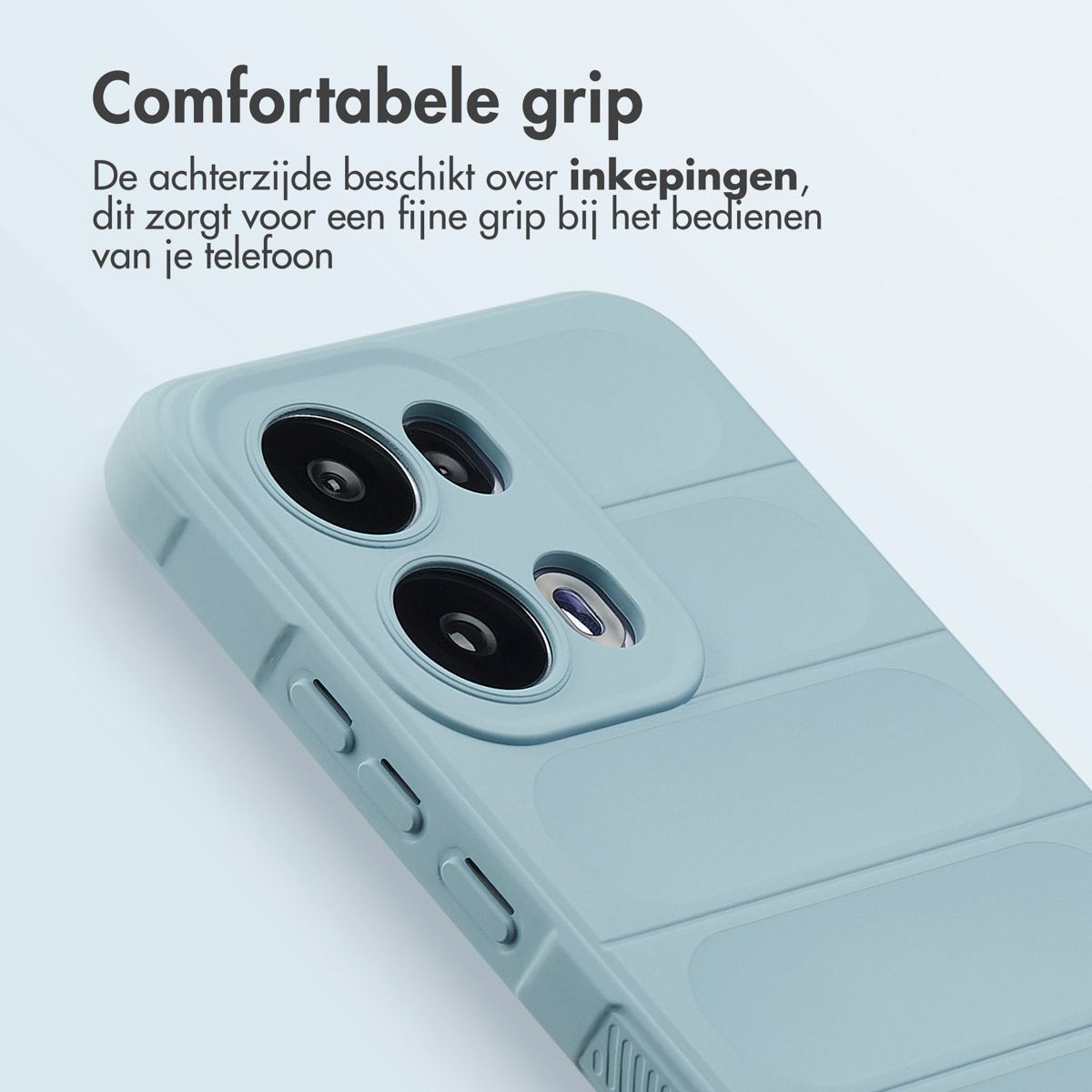 Une coque de téléphone bleu clair avec des découpes pour l'appareil photo. La coque a des lignes de prise et des boutons sur le côté. Le texte dit 'Prise confortable'.
