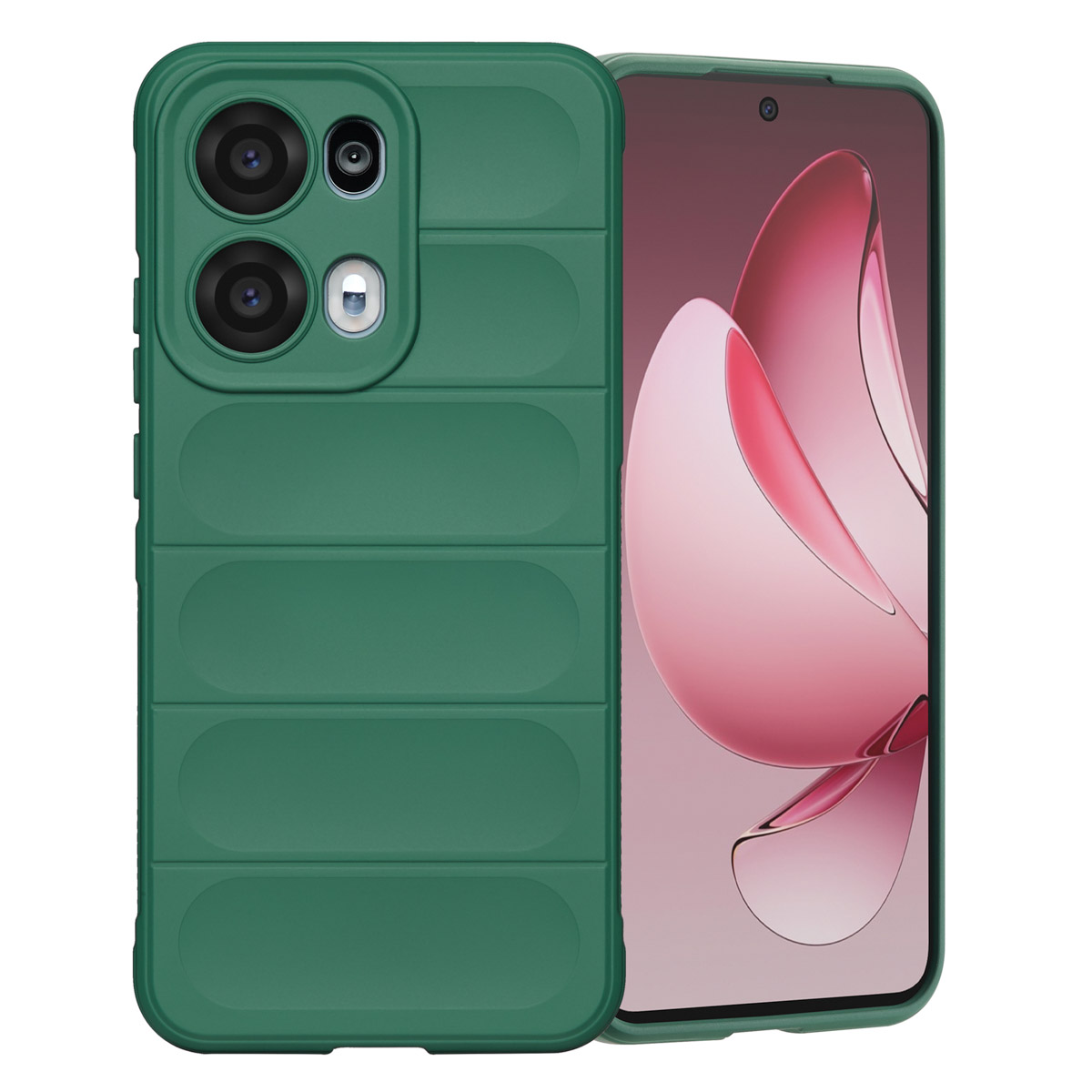 Groene telefoonhoes met cameralenzen en een telefoonscherm met een roze abstract ontwerp.