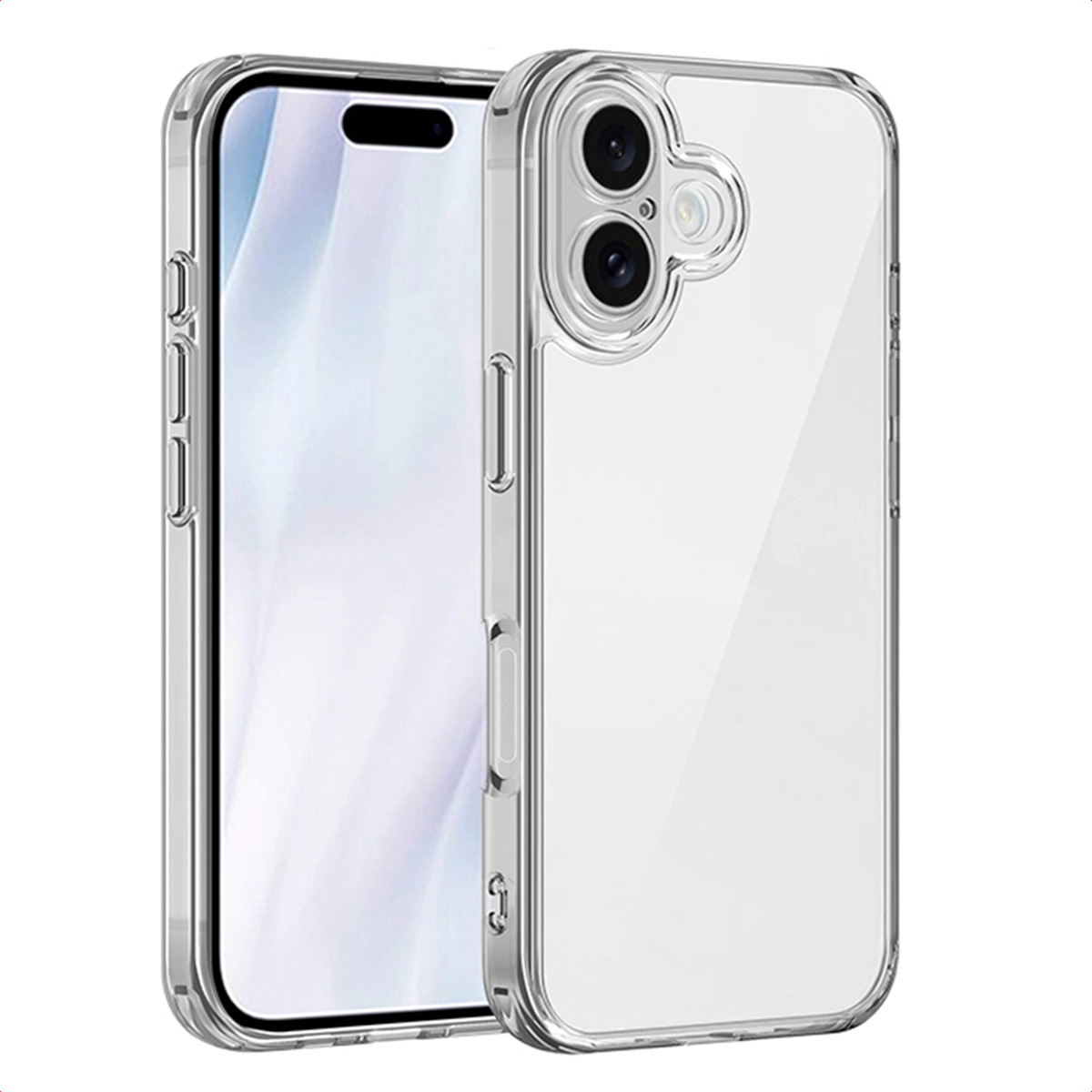 Twee doorzichtige telefoonhoesjes. Eén heeft een telefoon erin, die het scherm toont. De andere hoes is leeg.
