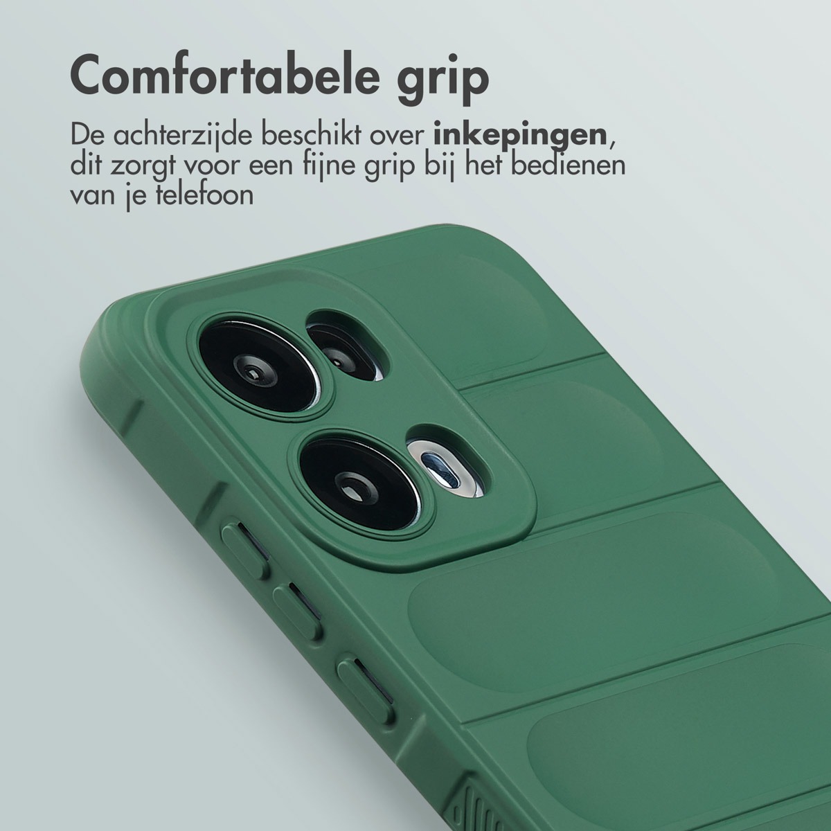Groene telefoonhoes met camera-uitsparingen, tekst in het Nederlands: Comfortabele grip. De achterkant heeft groeven, wat zorgt voor een fijne grip.