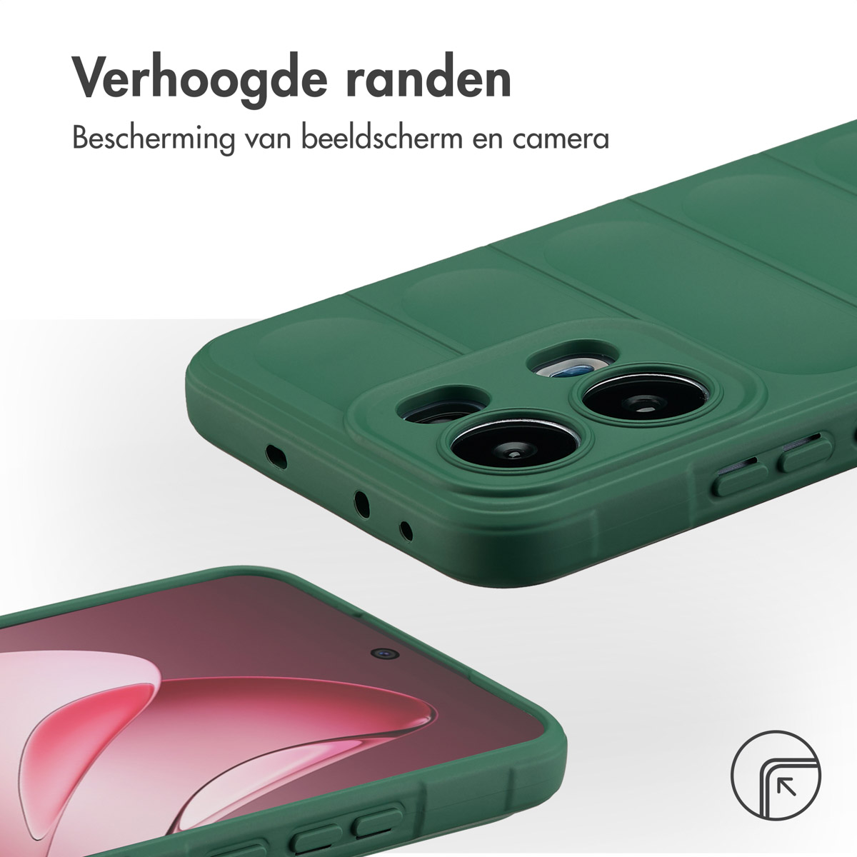 Groene telefoonhoes met verhoogde randen, beschermt scherm en camera. Telefoonscherm zichtbaar. Witte achtergrond met tekst.