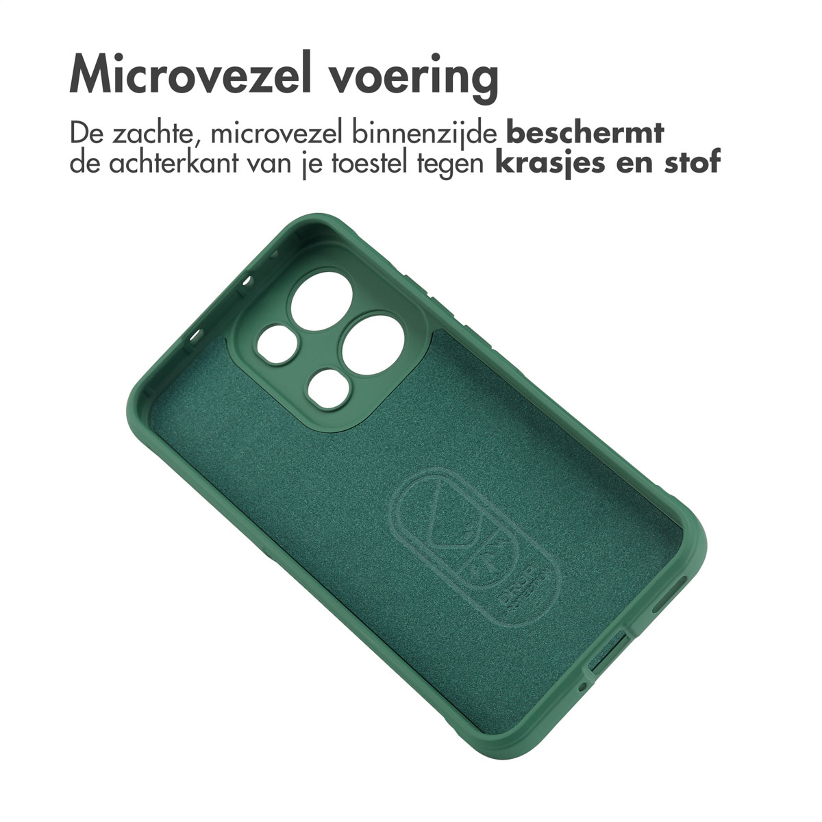 Groen telefoonhoesje binnenkant. De hoes heeft een zachte, microvezel voering. Tekst: Microvezel voering. Beschermt tegen krassen en stof.