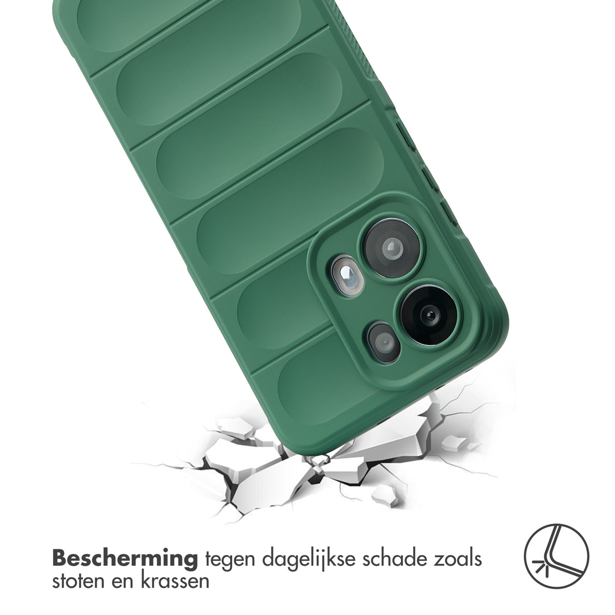 Een groene telefoonhoes is schuin, en lijkt een wit oppervlak te breken. De tekst hieronder luidt: 'Bescherming tegen dagelijkse schade zoals stoten en krassen'.