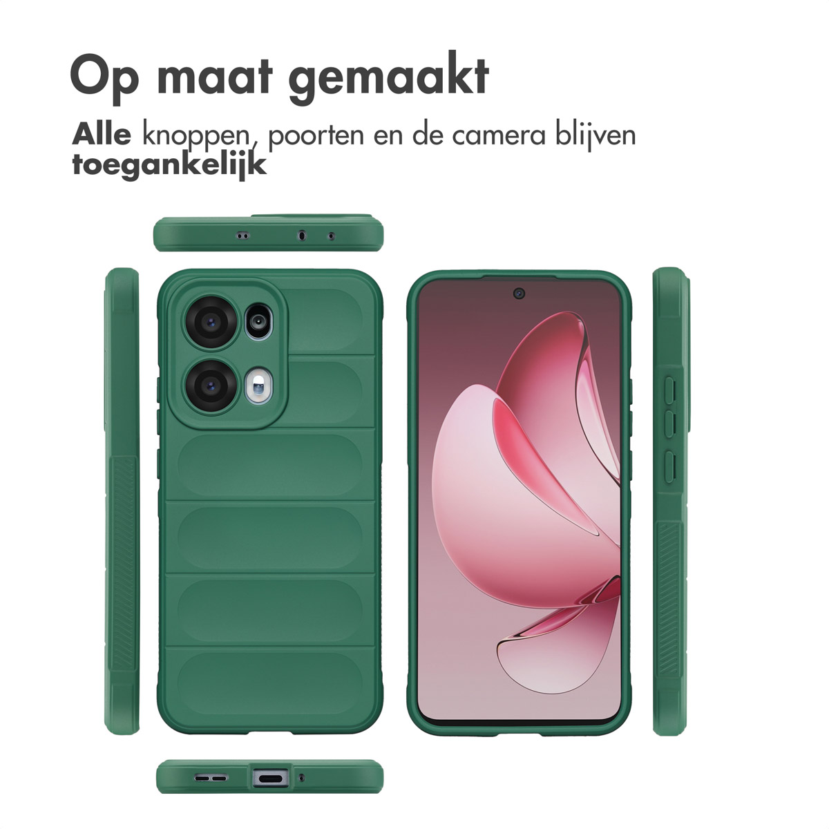 Groene telefoonhoes met telefoon erin, zijaanzicht en bovenaanzicht. Nederlandse tekst: 'Op maat gemaakt', wat 'Op maat gemaakt' betekent.