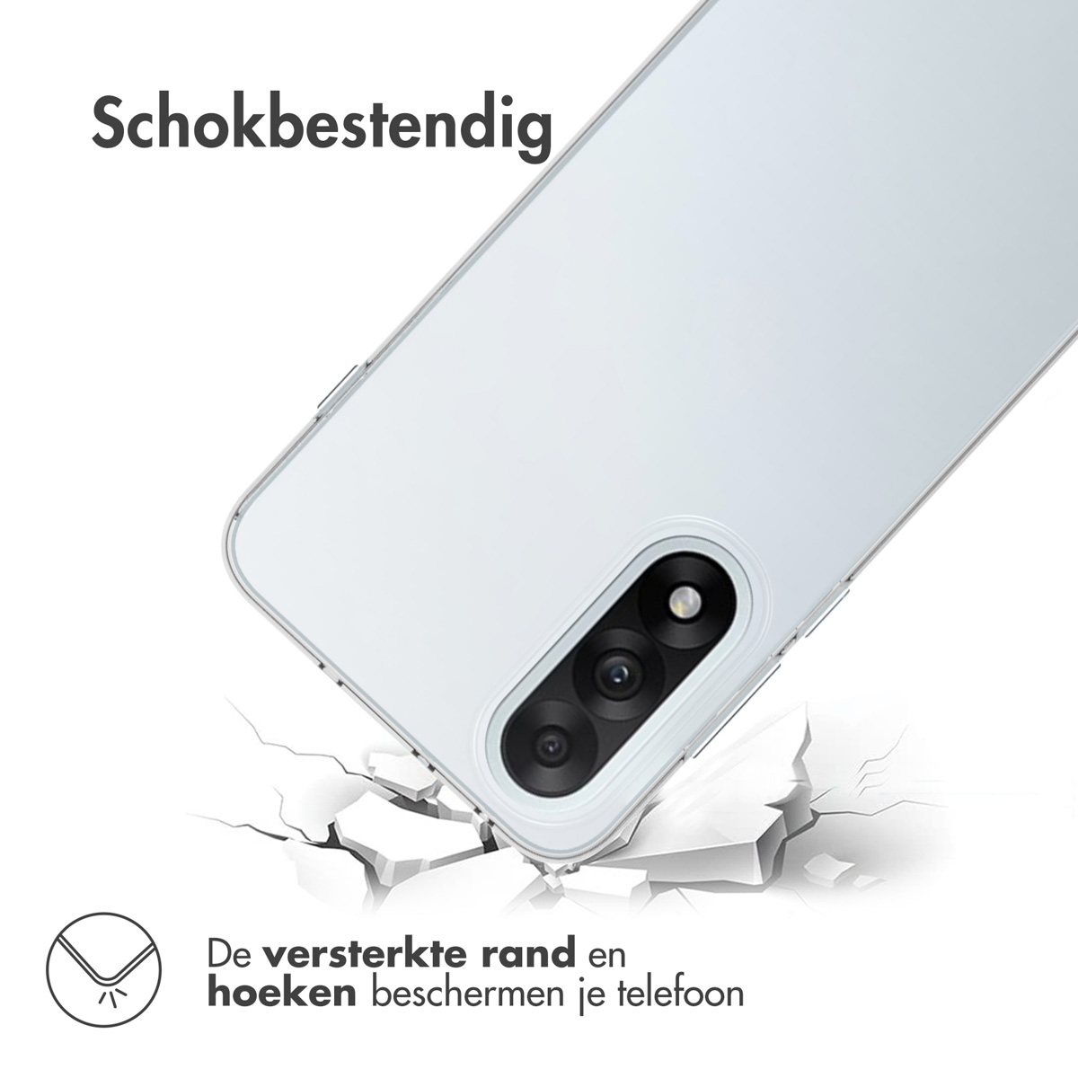 Een doorzichtige telefoonhoes valt en barst de grond. Tekst luidt: 'Schokbestendig' en 'De versterkte rand en hoeken beschermen je telefoon'.