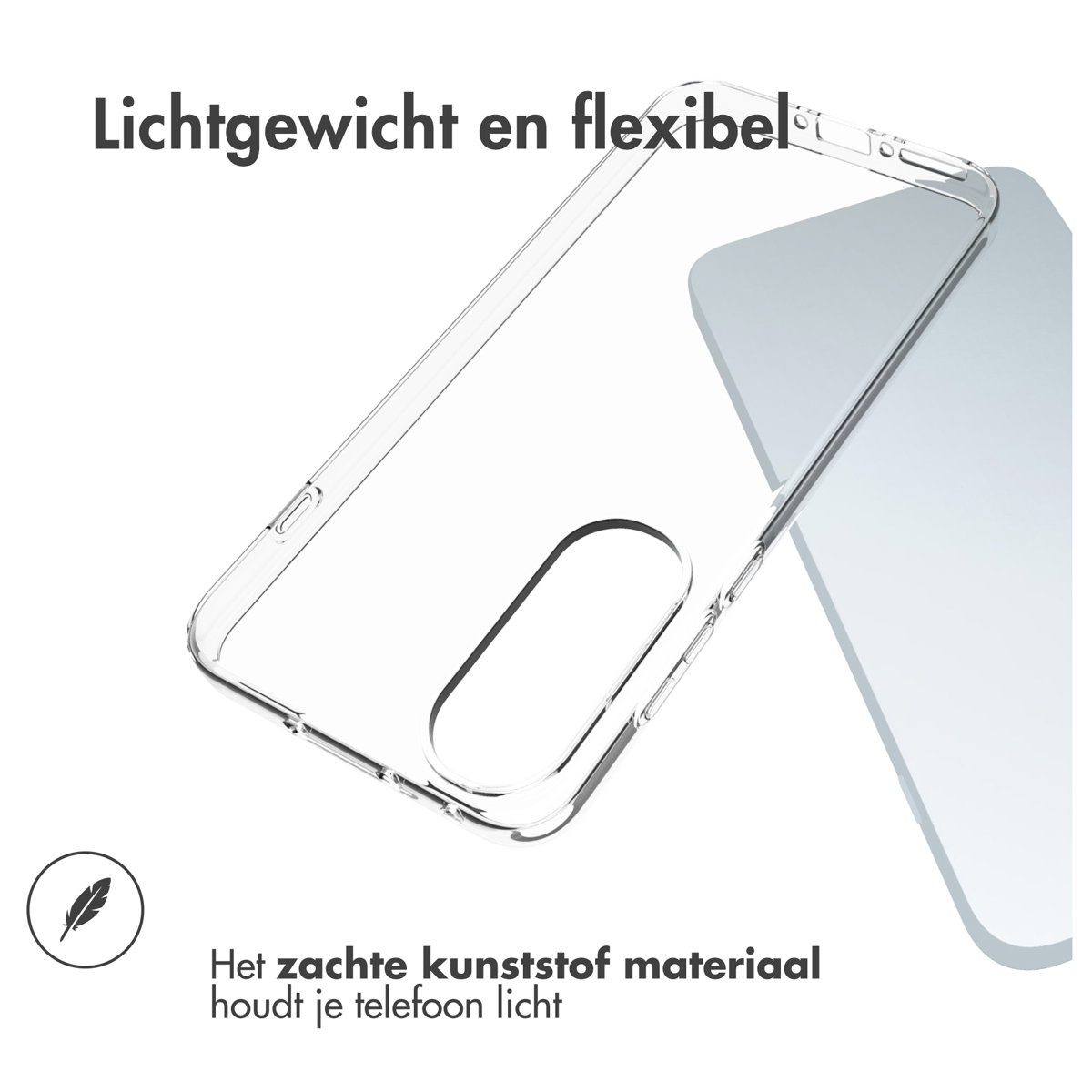 Transparante, flexibele, lichte telefoonhoes. Witte achtergrond met Nederlandse tekst. Veerlogo. Zacht kunststof materiaal.