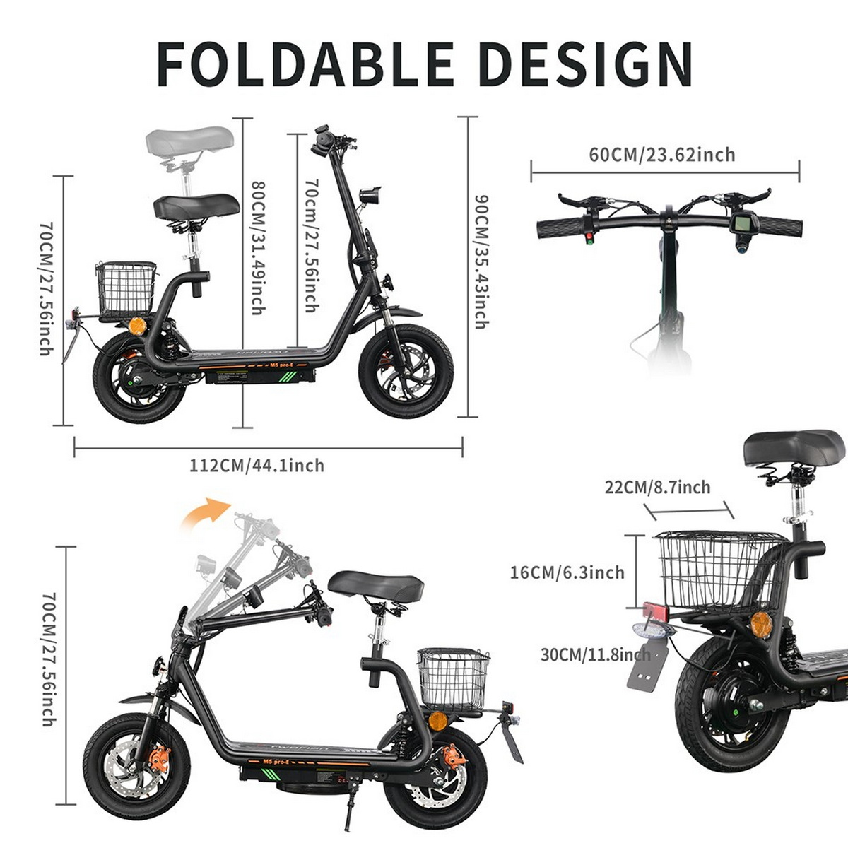 Ein Elektroroller mit faltbarem Design. Abmessungen für Höhe und Breite werden angezeigt, mit Nahaufnahmen von Details.